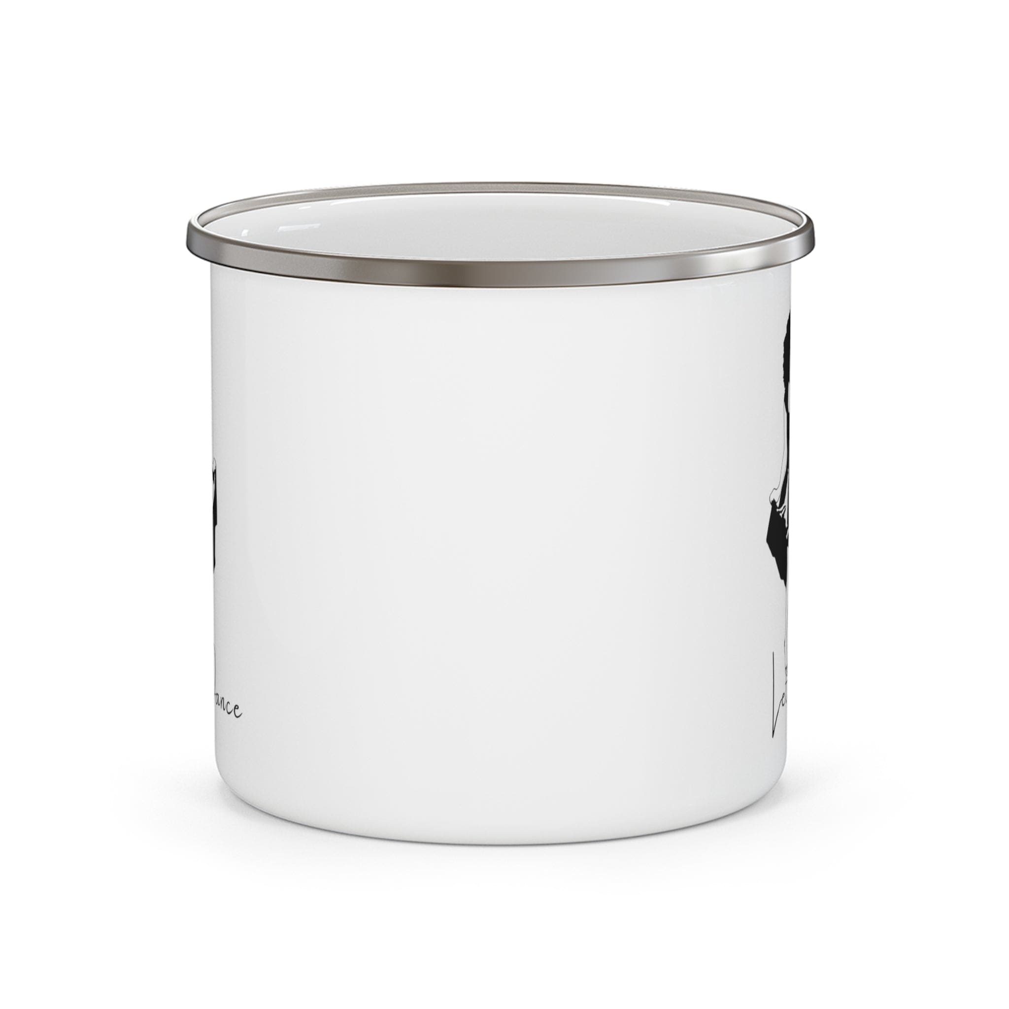 Durable enamel camping mug with black line art print saying 'Lets Dance', perfect for outdoor and indoor use.