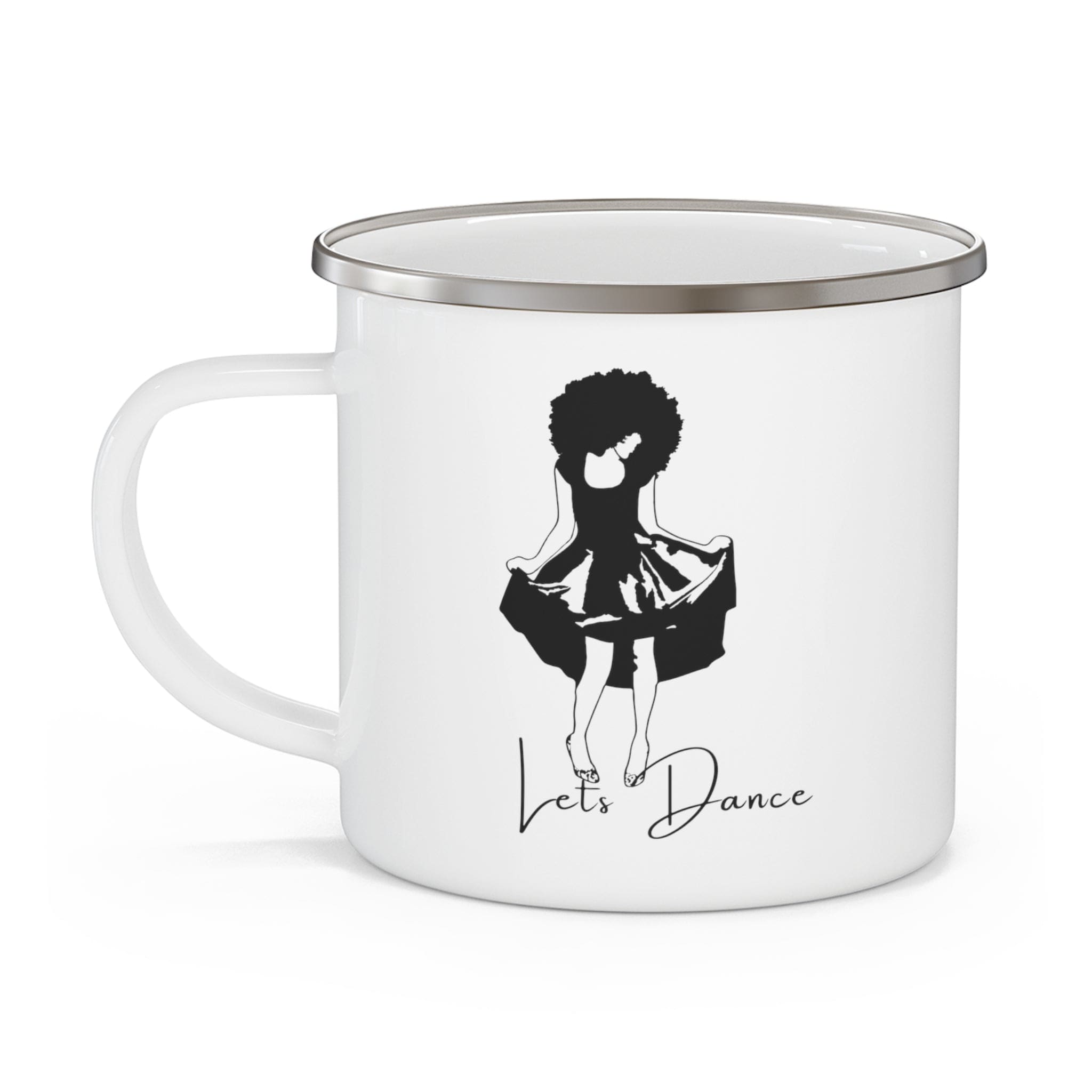 Durable enamel camping mug with black line art print saying 'Lets Dance', perfect for outdoor and indoor use.