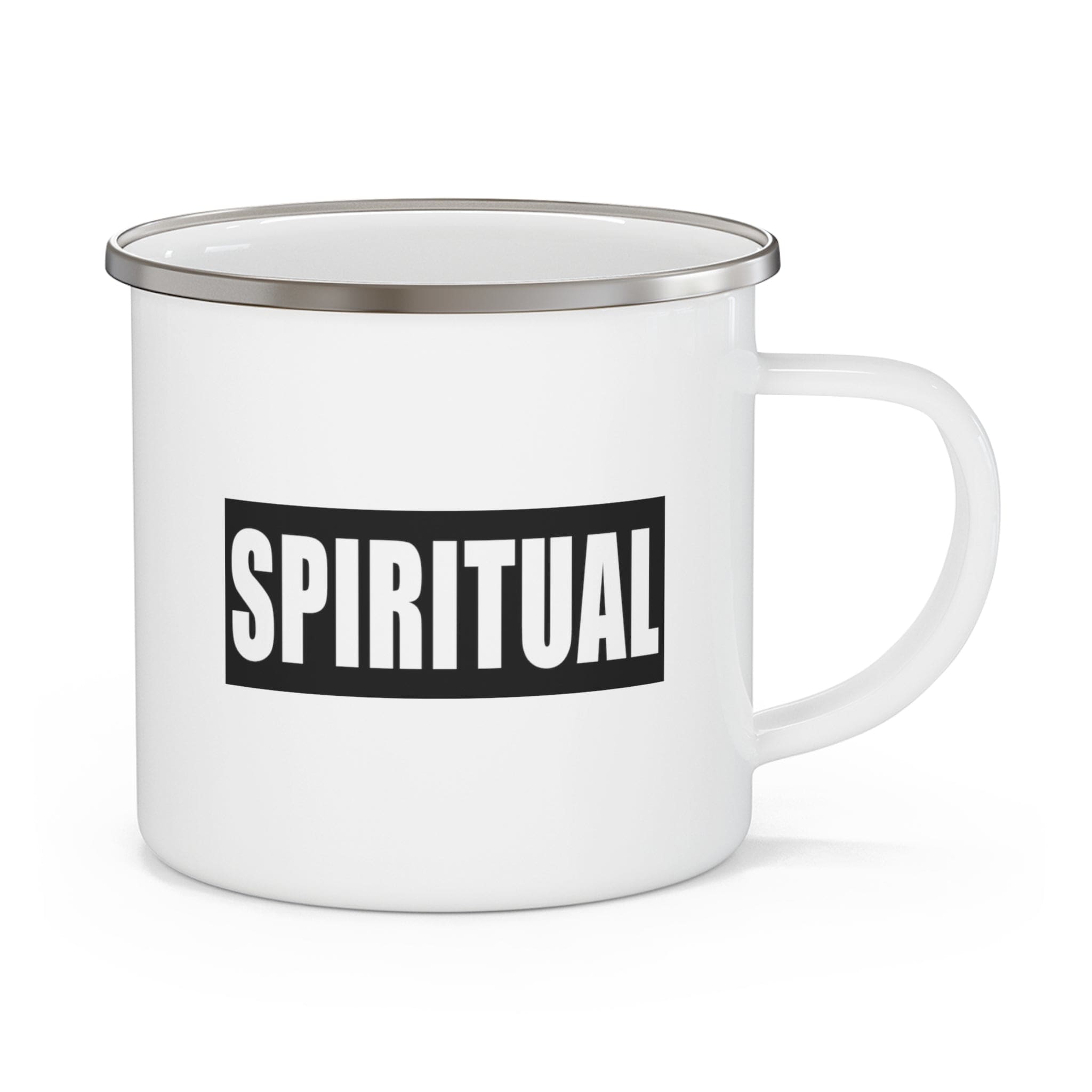 Durable enamel camping mug featuring a spiritual black colorblock illustration, perfect for outdoor adventures and stylish drinking.