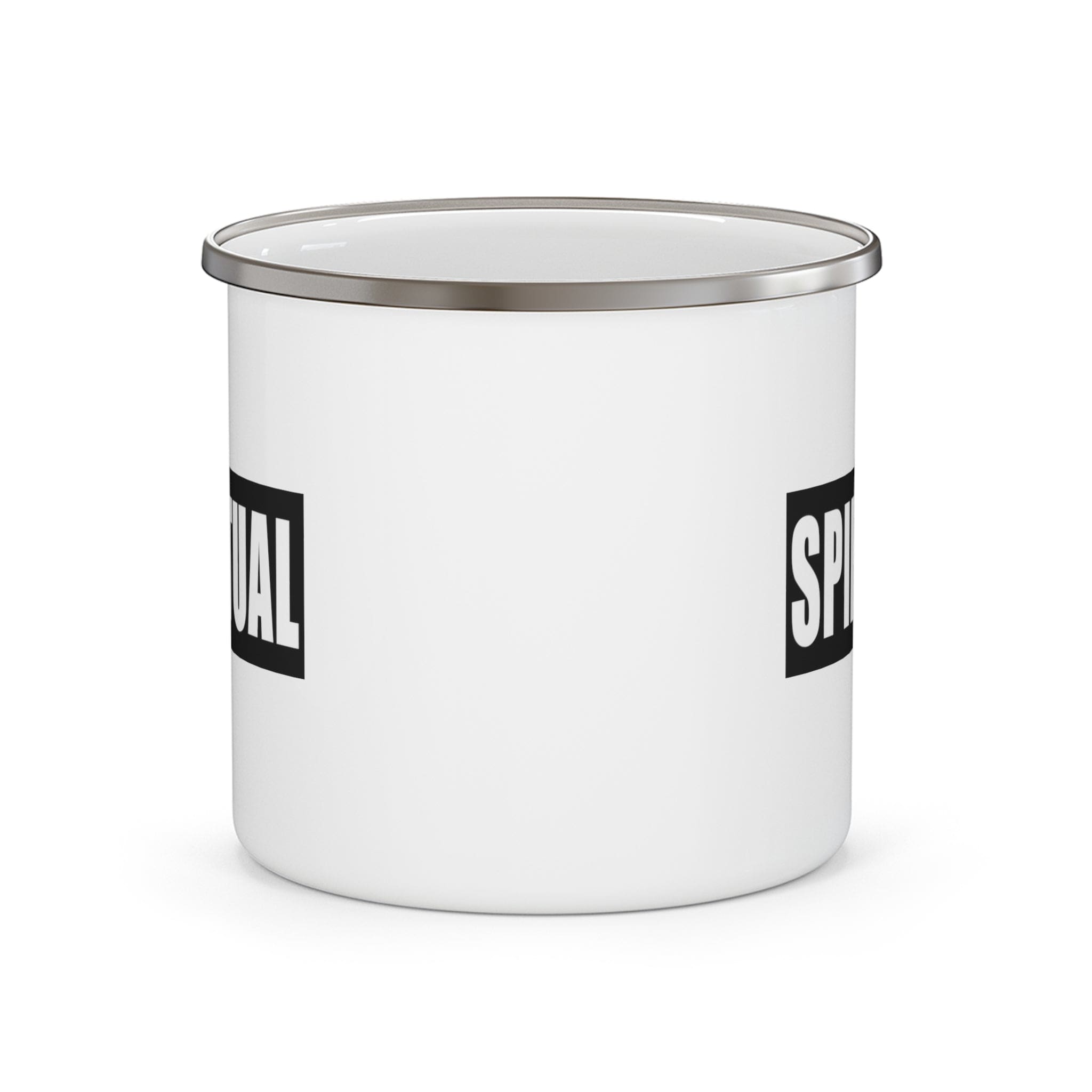 Durable enamel camping mug featuring a spiritual black colorblock illustration, perfect for outdoor adventures and stylish drinking.