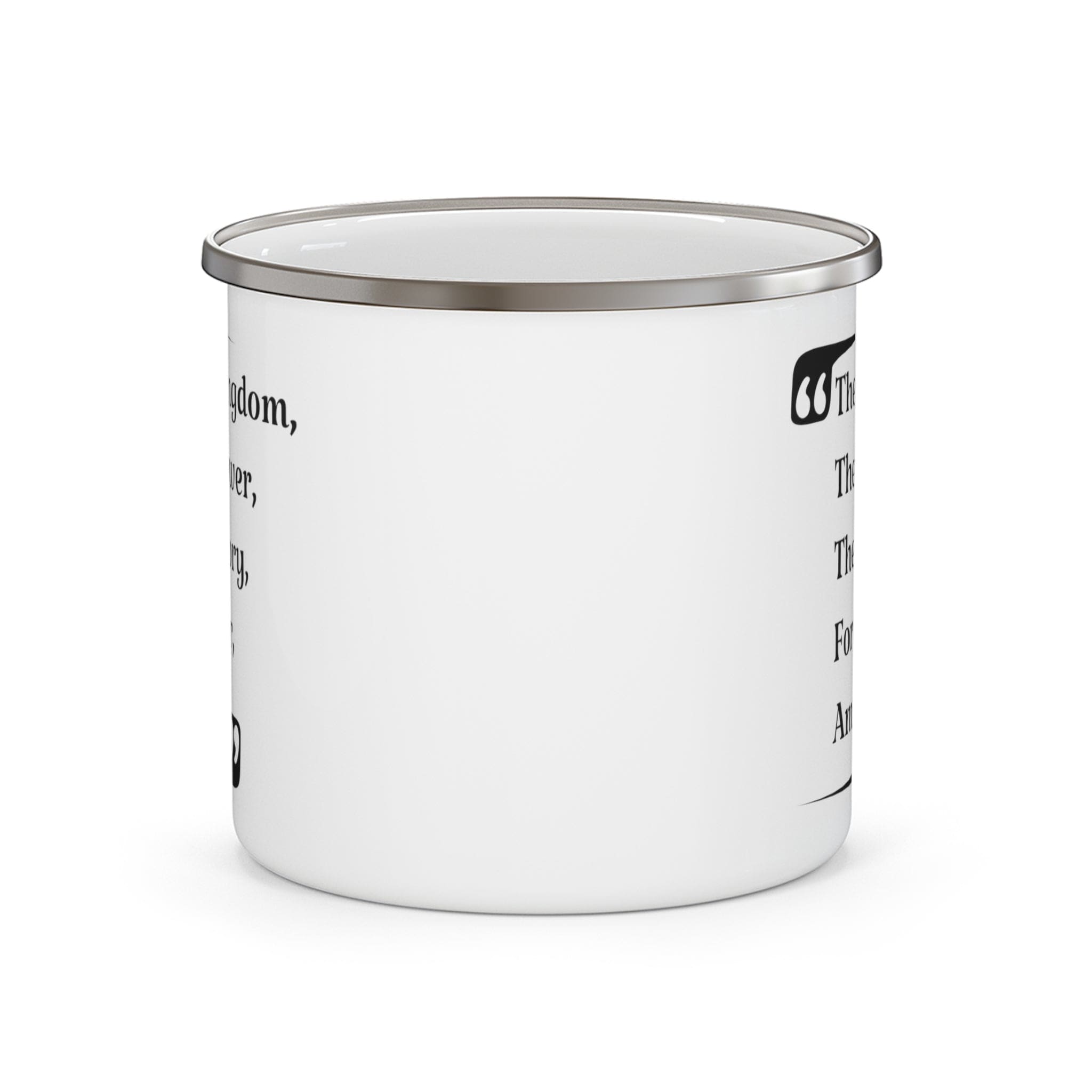 A durable enamel camping mug with a stylish design, featuring rounded corners and a comfortable C-handle, perfect for outdoor activities.