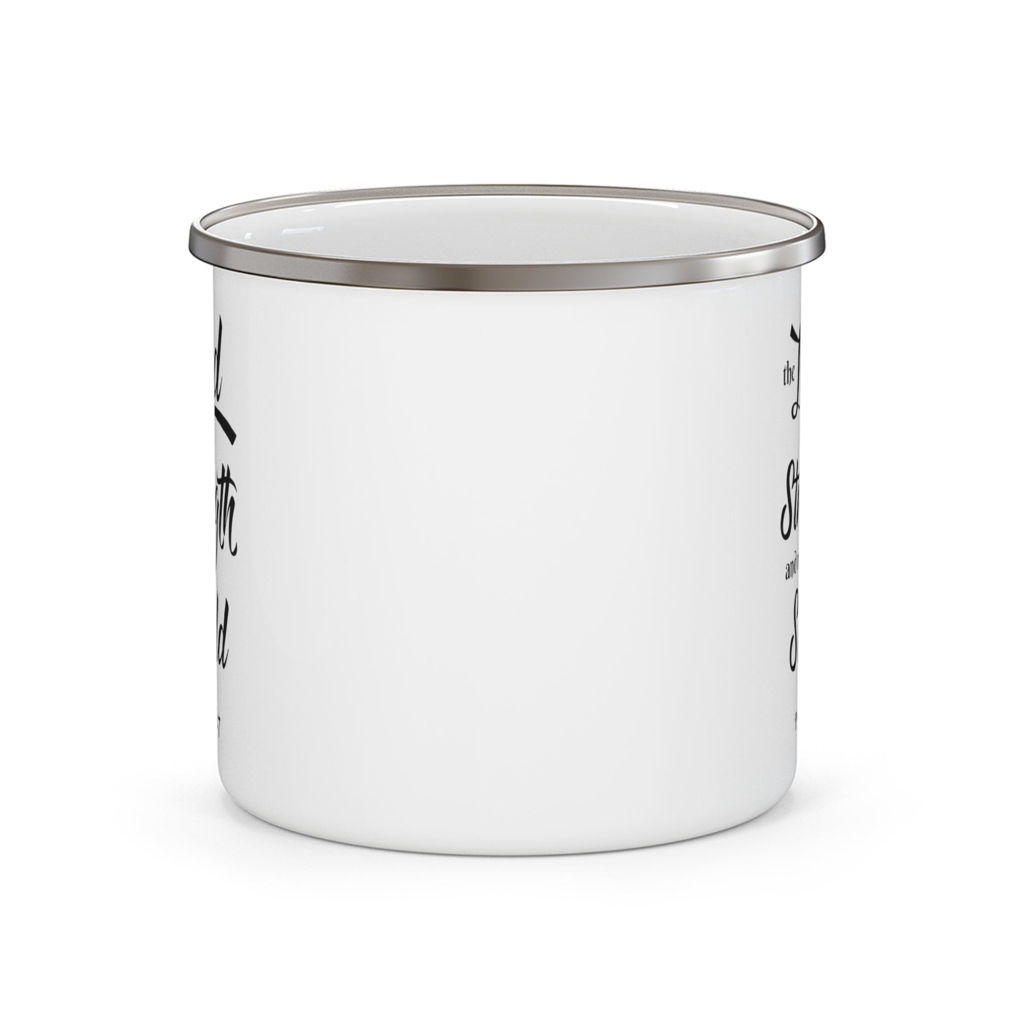 Enamel camping mug with black print saying 'The Lord is my Strength and my Shield', showcasing its durable design and C-handle.