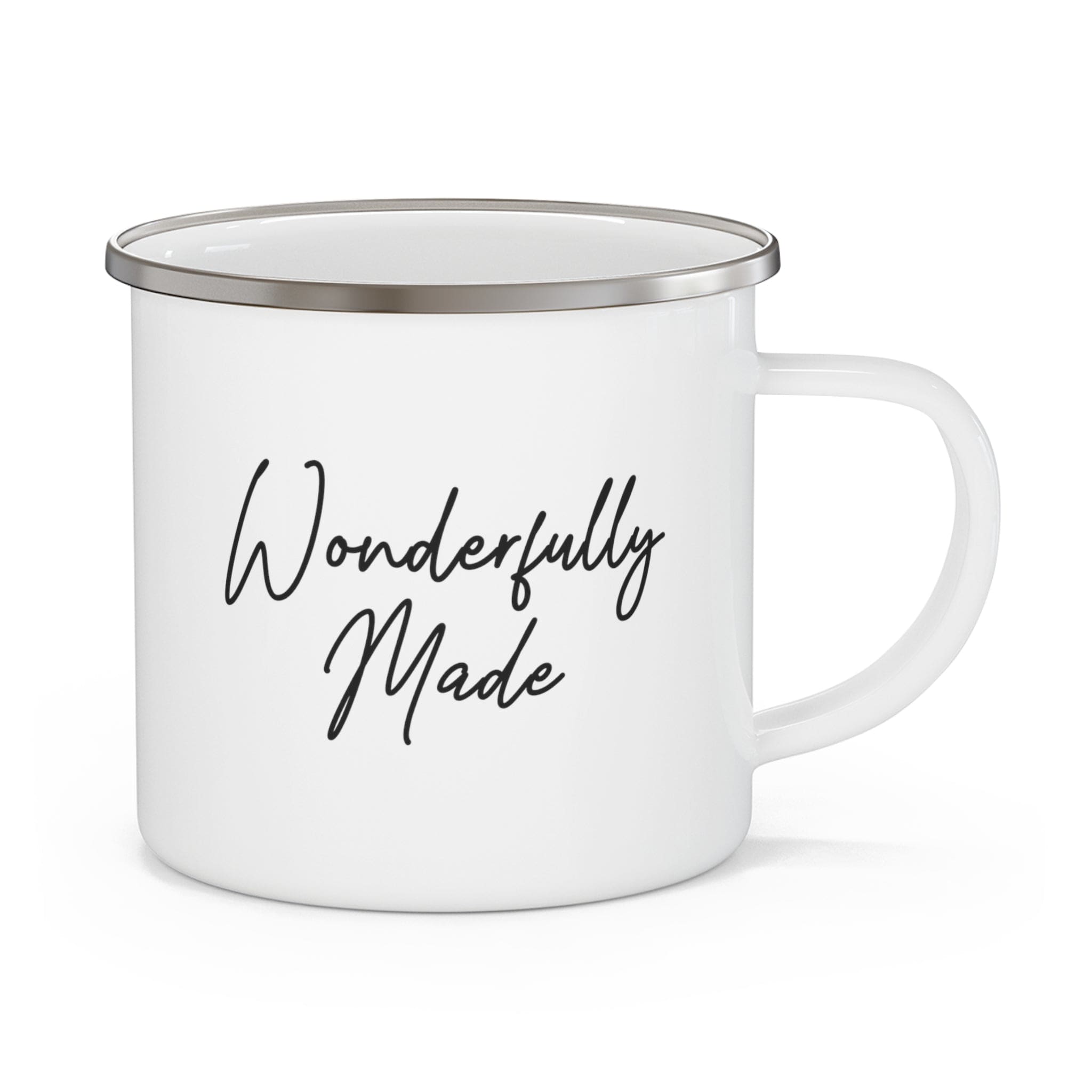Durable enamel camping mug with a stylish black illustration, perfect for coffee, tea, and cereal.