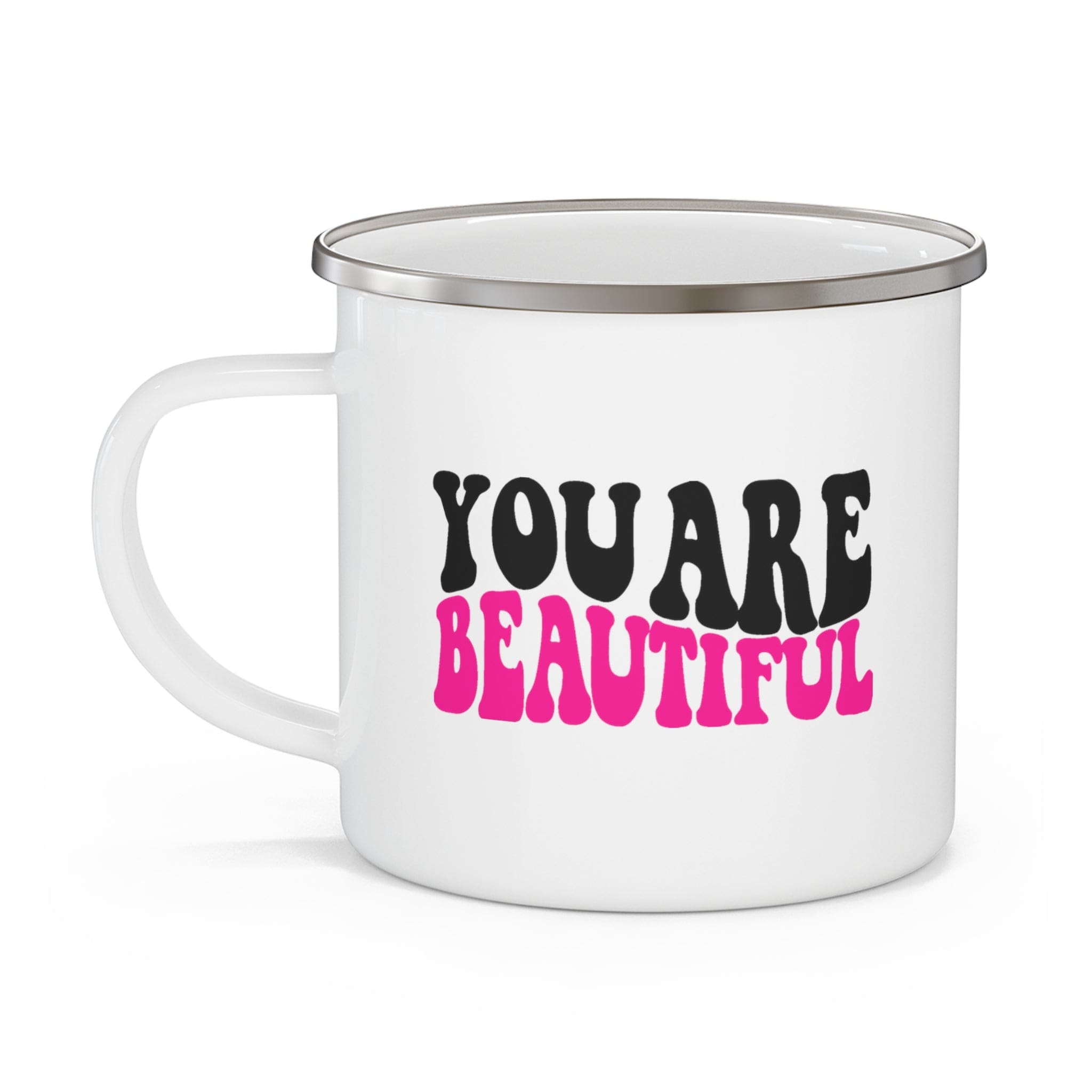A stylish retro wavy pink and black enamel camping mug, perfect for outdoor adventures and personalized designs.