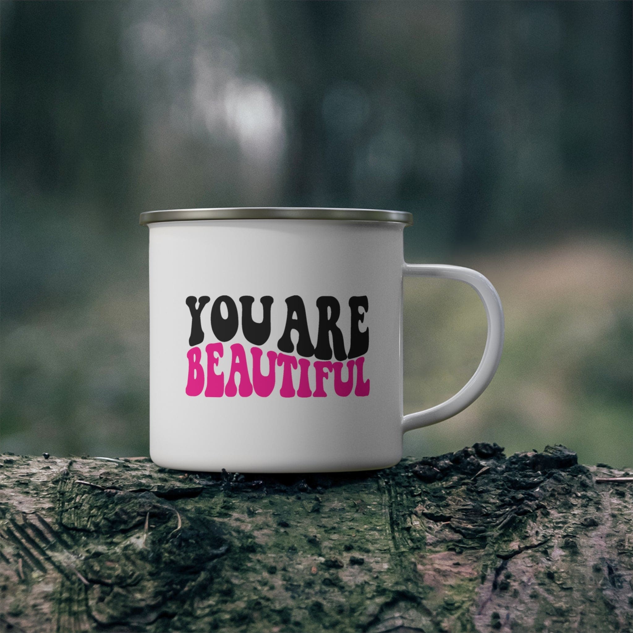 A stylish retro wavy pink and black enamel camping mug, perfect for outdoor adventures and personalized designs.