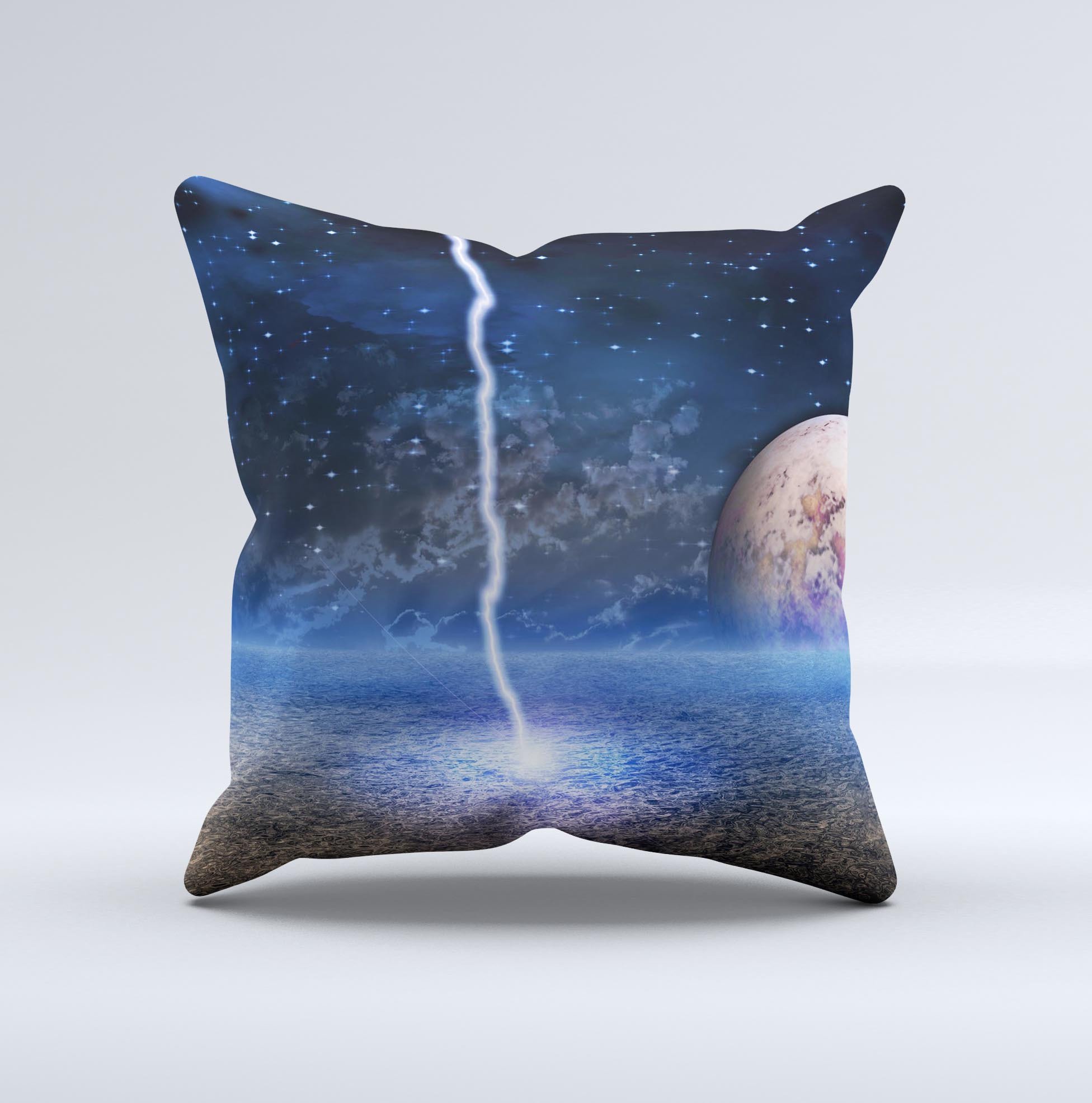 Energy Planet Discharge Ink-Fuzed Decorative Throw Pillow featuring unique hand-produced graphic design, soft poly/cotton fabric, and plush polyester filling.
