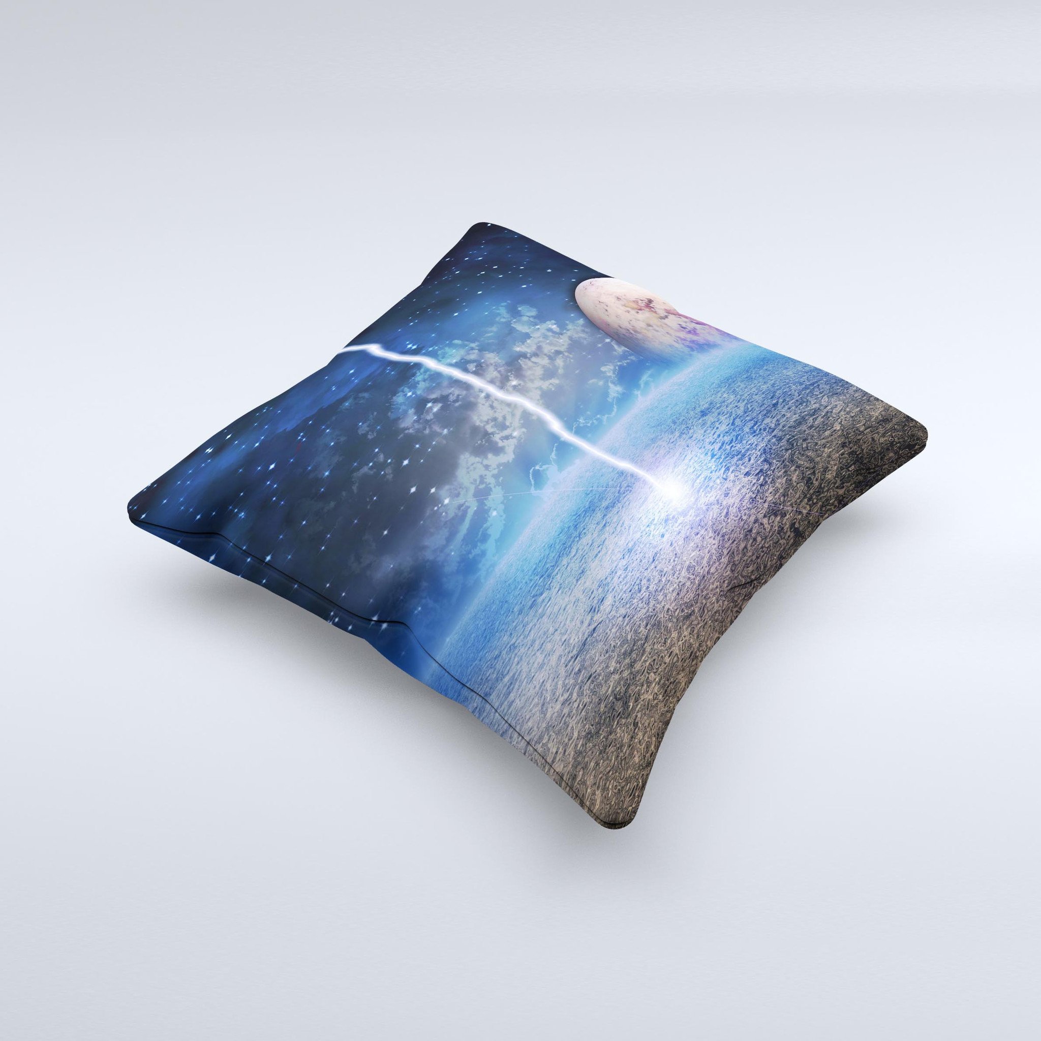 Energy Planet Discharge Ink-Fuzed Decorative Throw Pillow featuring unique hand-produced graphic design, soft poly/cotton fabric, and plush polyester filling.