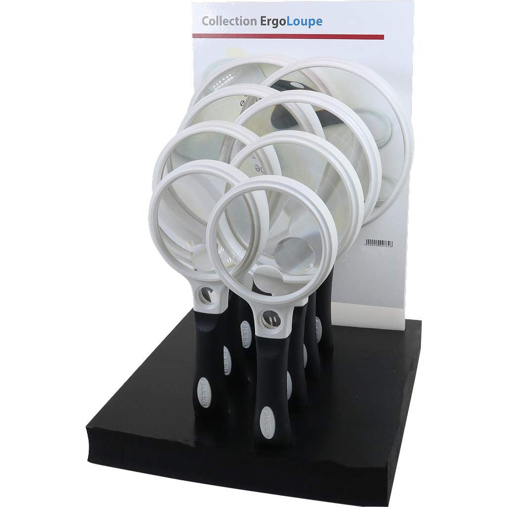ErgoLoupe Magnifier set featuring 8 pieces with various magnification levels and ergonomic handles for detailed viewing.