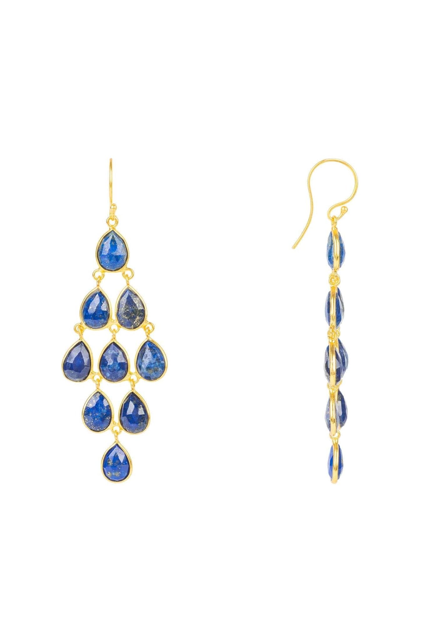 Erviola Gemstone Cascade Earrings featuring gold and blue Lapis Lazuli teardrop gemstones, elegantly designed with a polished French hook.