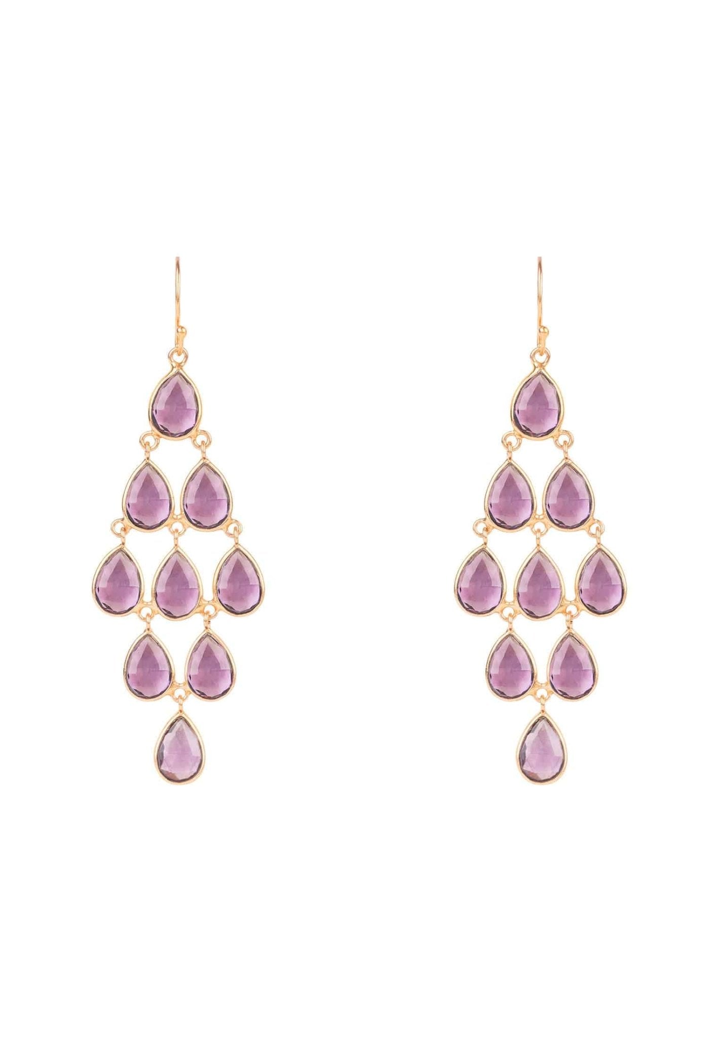 Erviola Gemstone Cascade Earrings in Rose Gold featuring Amethyst Hydro gemstones, showcasing intricate teardrop designs and elegant hooks.