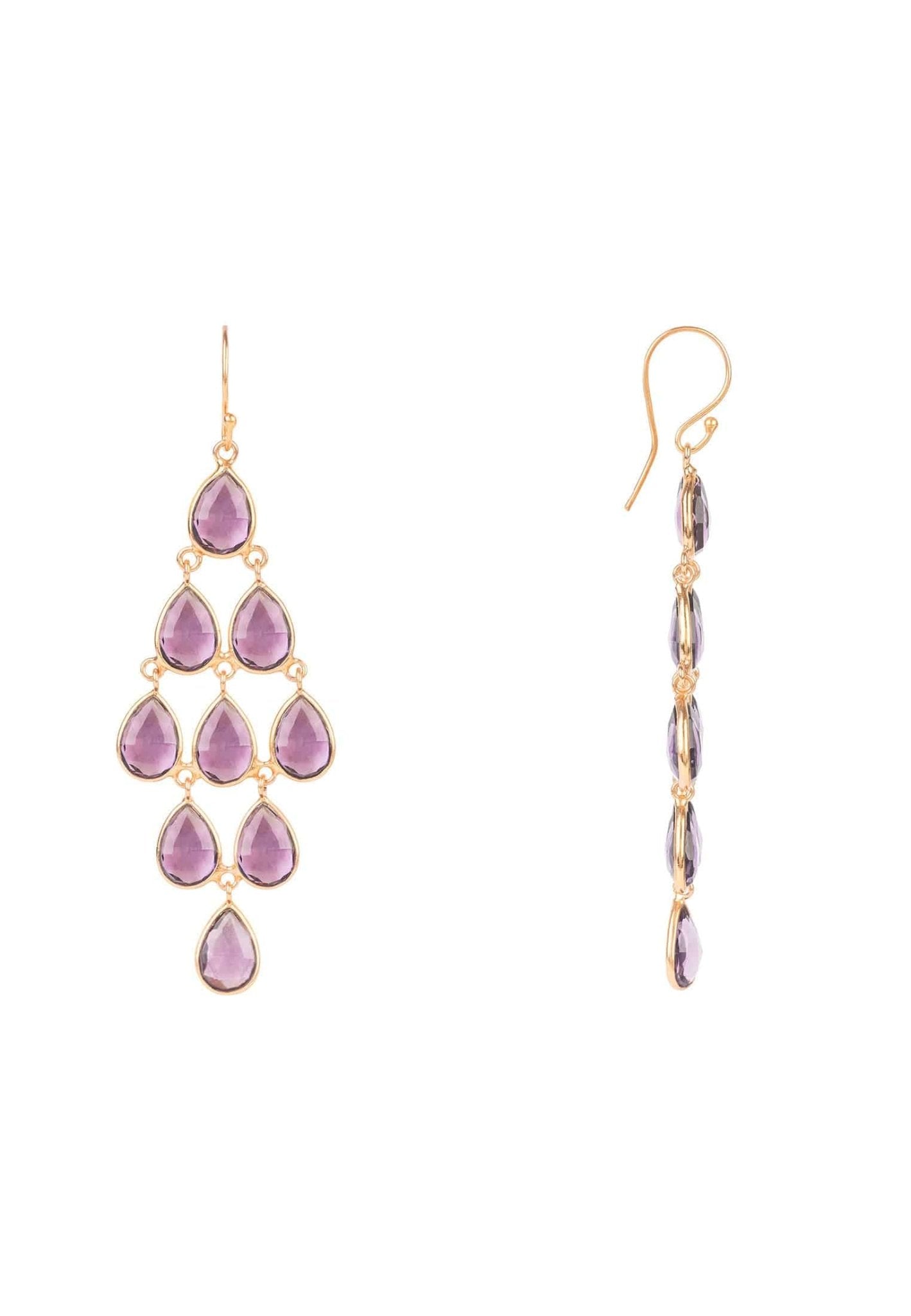 Erviola Gemstone Cascade Earrings in Rose Gold featuring Amethyst Hydro gemstones, showcasing intricate teardrop designs and elegant hooks.