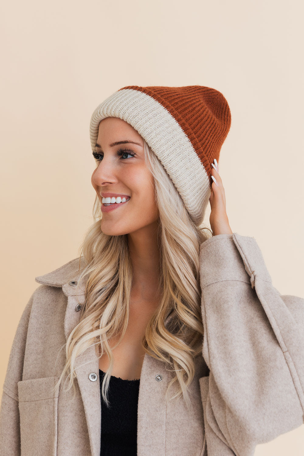 Essential Harmony Two-Tone Knit Beanie showcasing its stylish two-tone design and quality knit material.