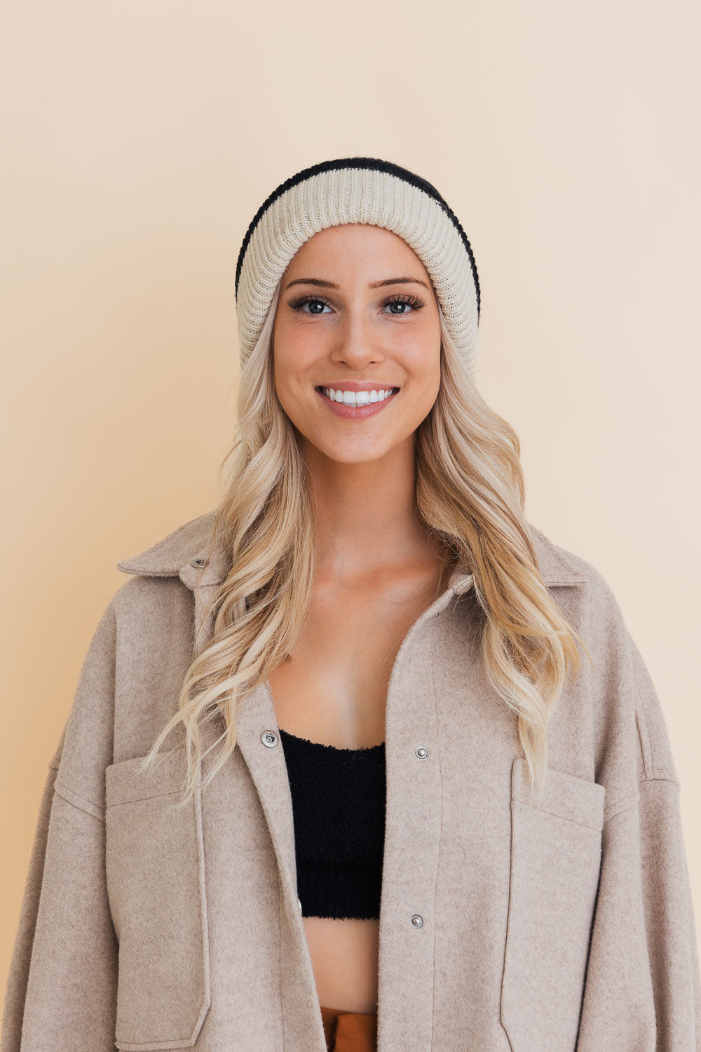 Essential Harmony Two-Tone Knit Beanie showcasing its stylish two-tone design and quality knit material.