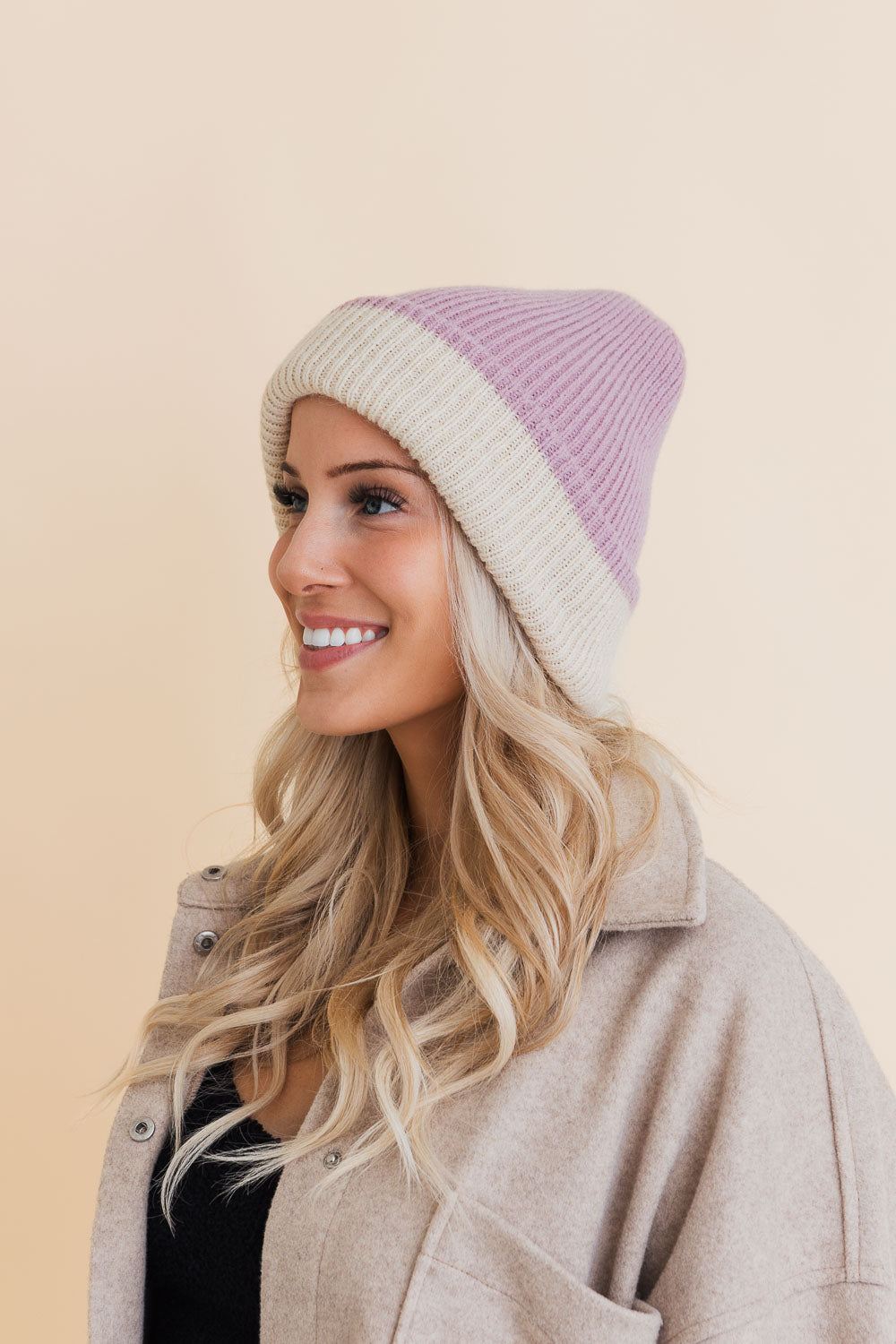 Essential Harmony Two-Tone Knit Beanie showcasing its stylish two-tone design and quality knit material.