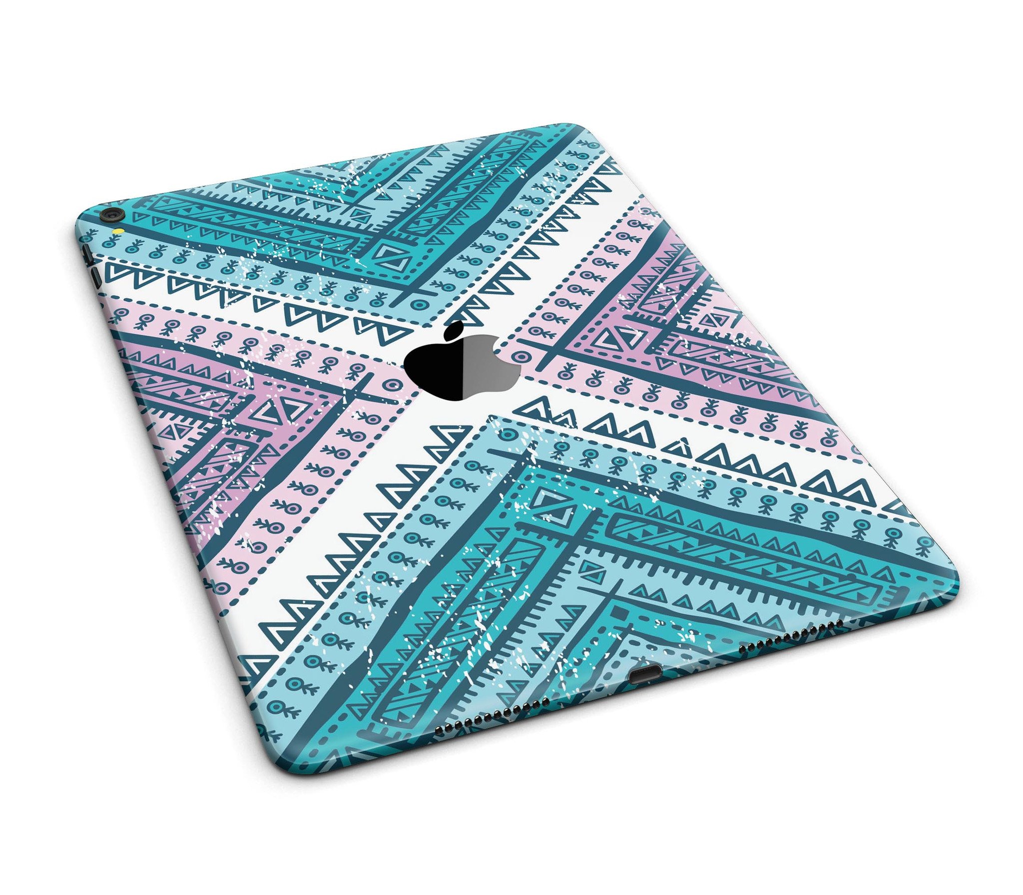 Ethnic Aztec Blue and Pink Point Full Body Skin for iPad Pro, showcasing vibrant colors and intricate patterns.