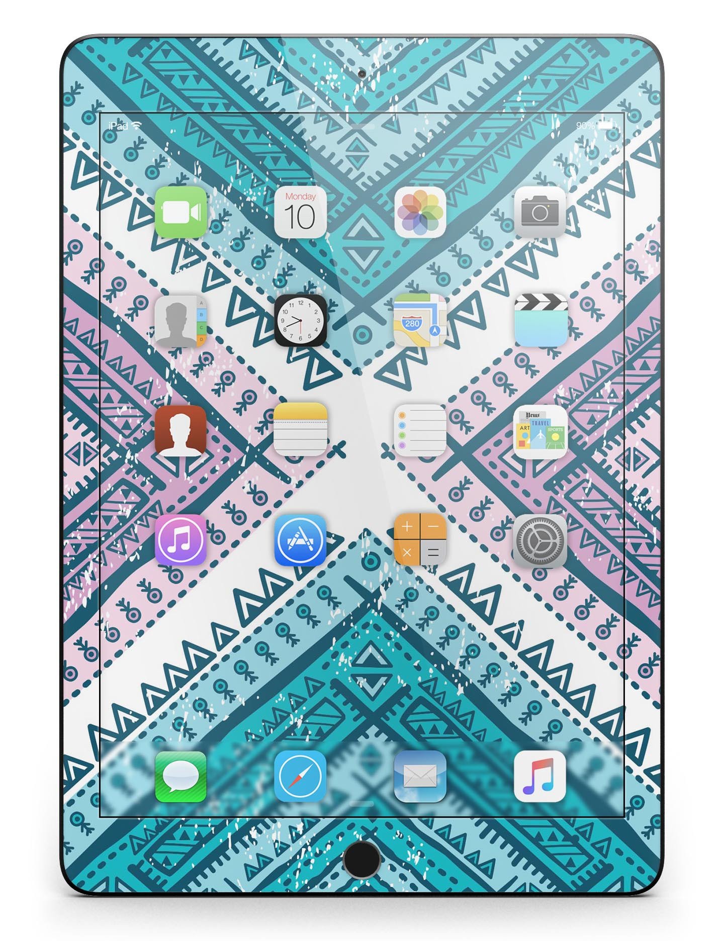 Ethnic Aztec Blue and Pink Point Full Body Skin for iPad Pro, showcasing vibrant colors and intricate patterns.