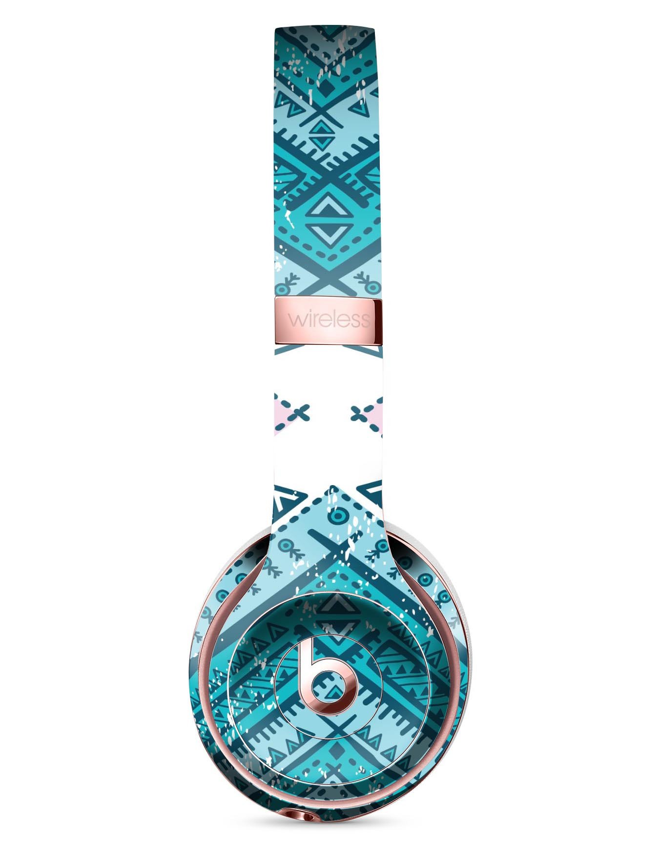 Ethnic Aztec Blue and Pink Skin Kit for Beats by Dre Solo 3 Wireless Headphones, showcasing vibrant colors and intricate patterns.