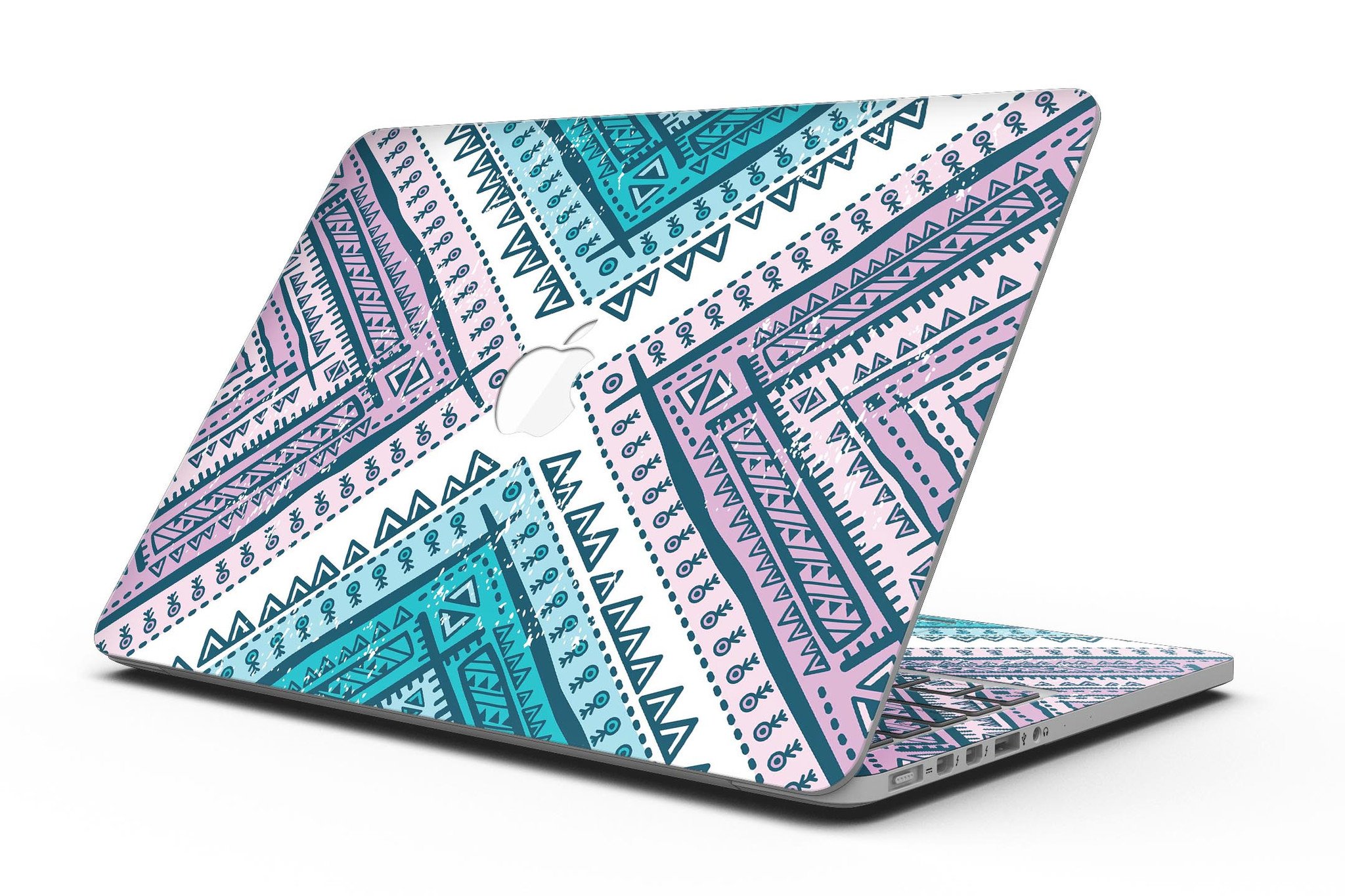 Ethnic Aztec Blue and Pink Point skin for MacBook Pro, showcasing vibrant colors and intricate patterns for stylish protection.