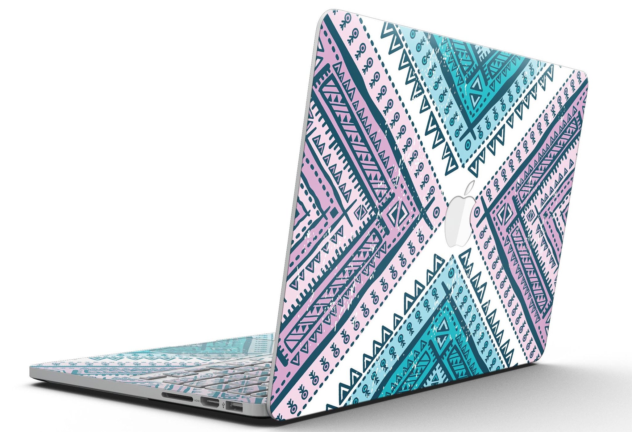 Ethnic Aztec Blue and Pink Point skin for MacBook Pro, showcasing vibrant colors and intricate patterns for stylish protection.