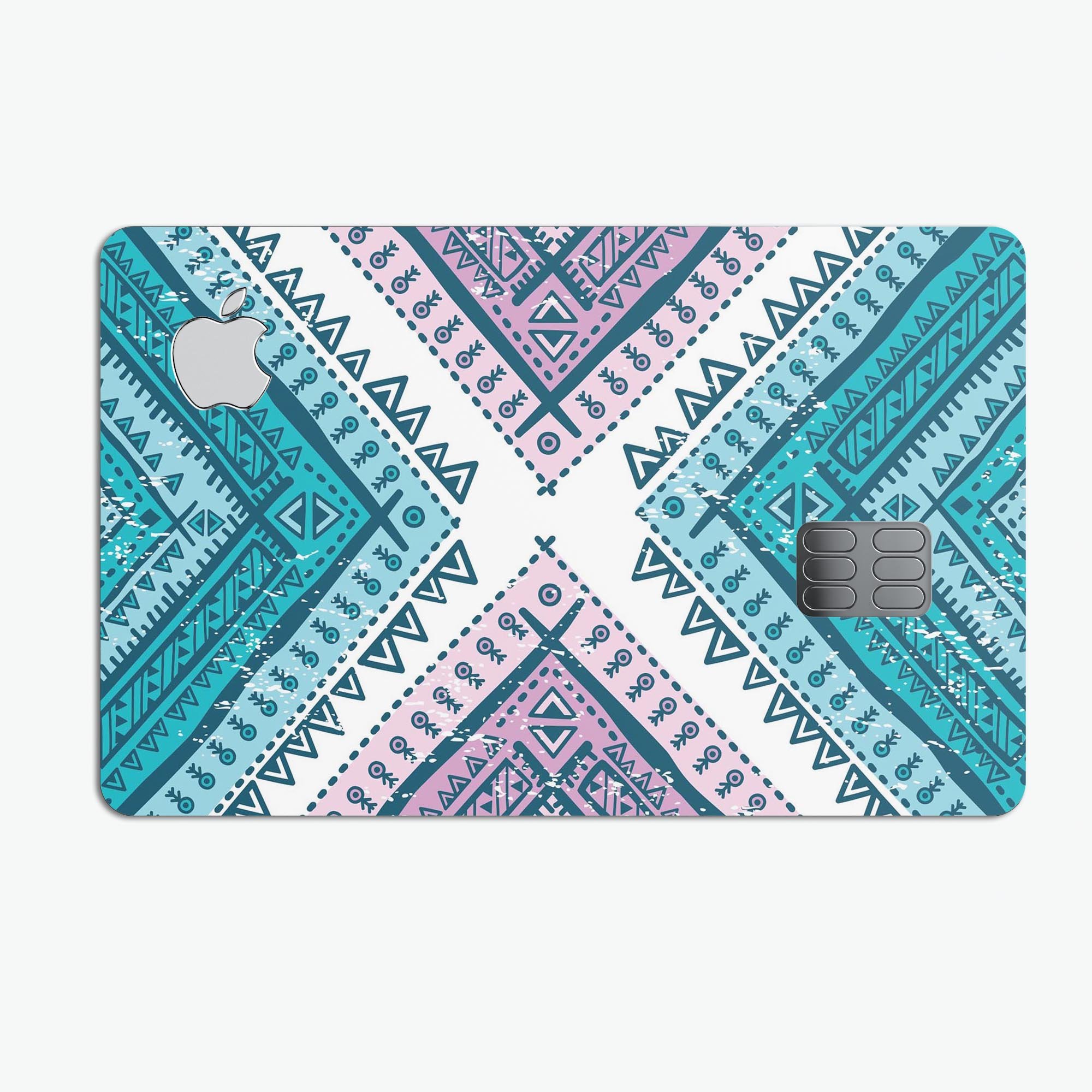Ethnic Aztec Blue and Pink Point decal skin for Apple Card, showcasing vibrant colors and intricate design.