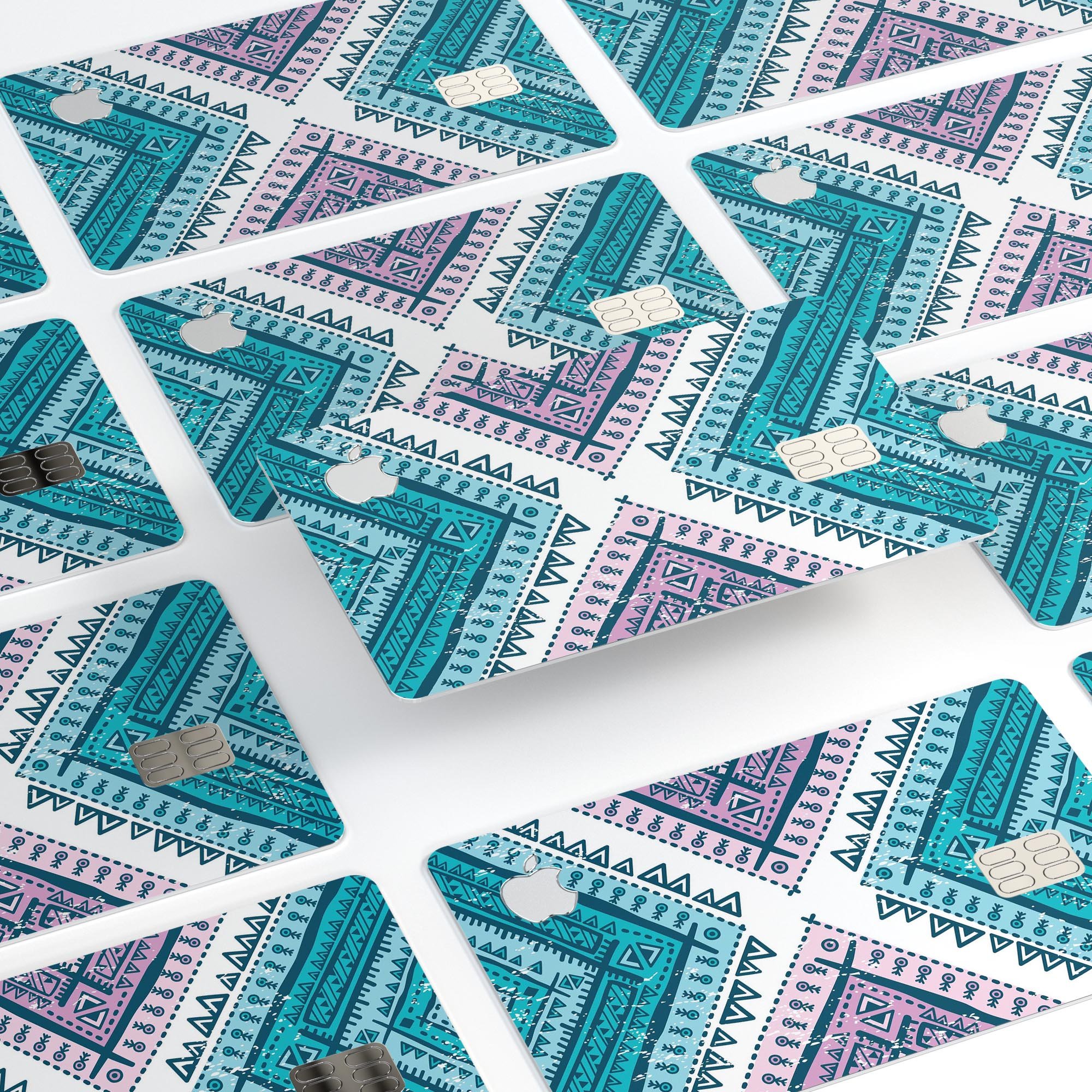Ethnic Aztec Blue and Pink Point decal skin for Apple Card, showcasing vibrant colors and intricate design.