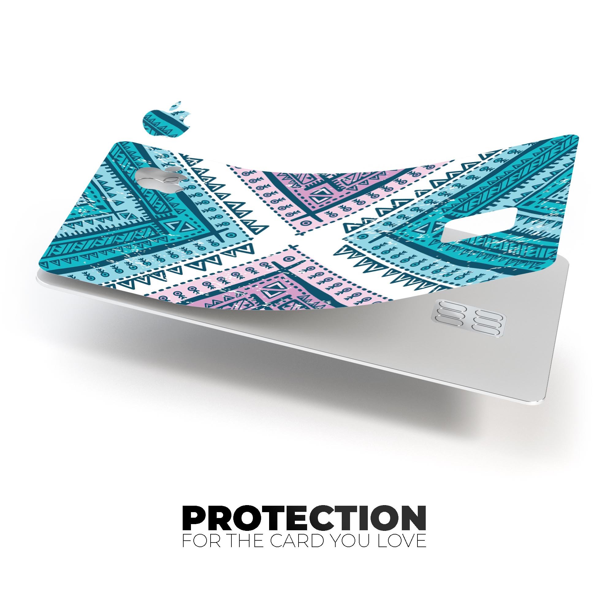 Ethnic Aztec Blue and Pink Point decal skin for Apple Card, showcasing vibrant colors and intricate design.