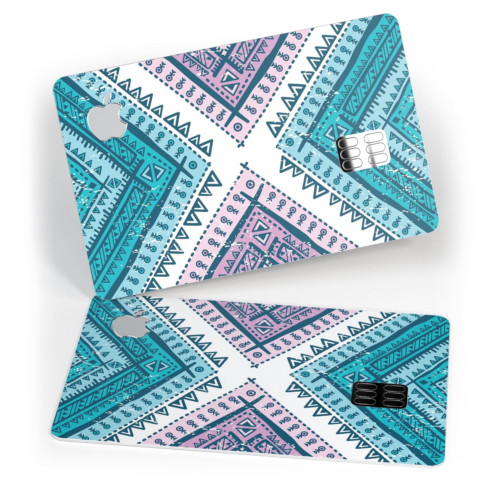 Ethnic Aztec Blue and Pink Point decal skin for Apple Card, showcasing vibrant colors and intricate design.