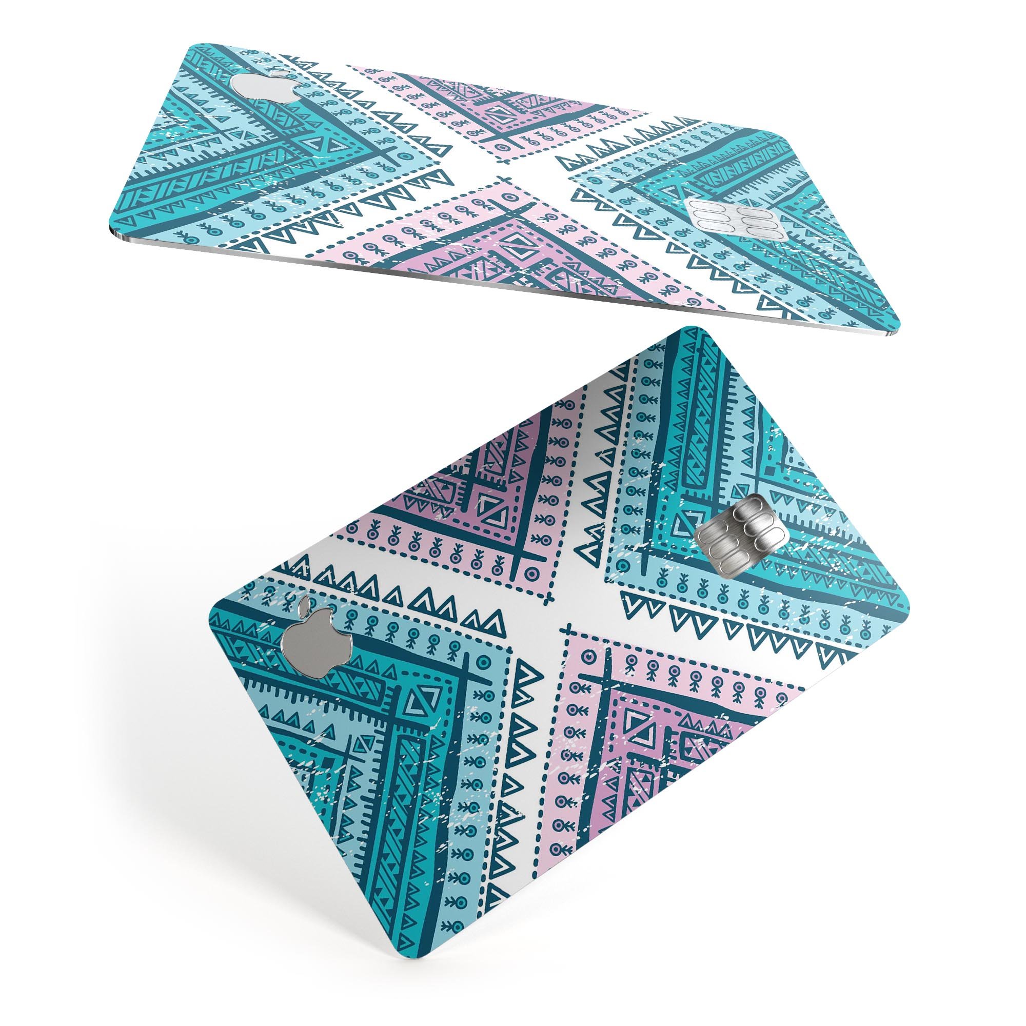 Ethnic Aztec Blue and Pink Point decal skin for Apple Card, showcasing vibrant colors and intricate design.