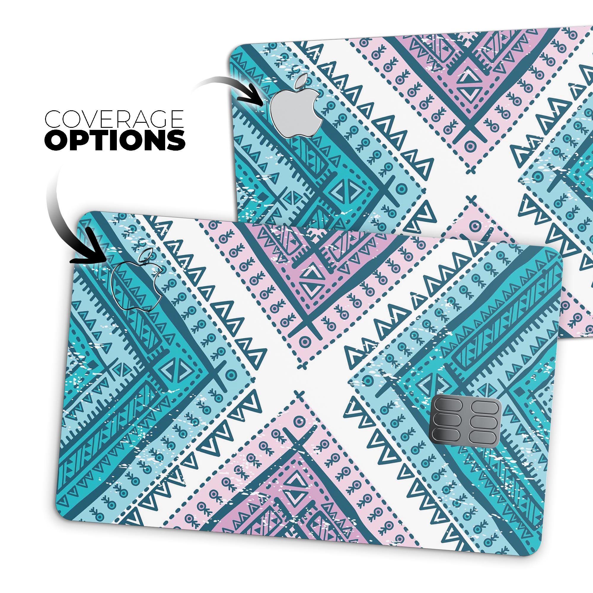 Ethnic Aztec Blue and Pink Point decal skin for Apple Card, showcasing vibrant colors and intricate design.
