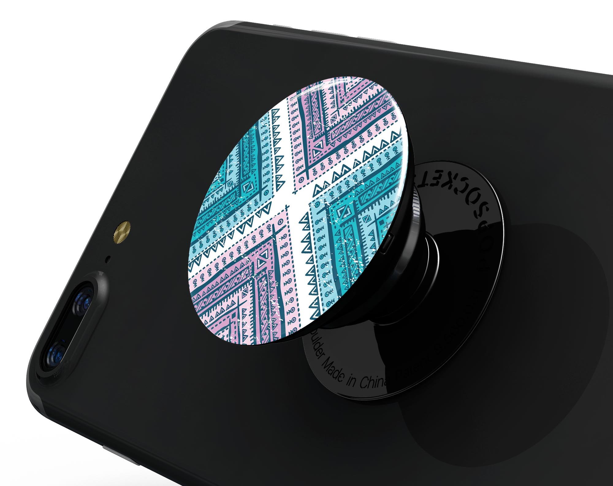 Ethnic Aztec Blue and Pink Skin Kit for PopSockets, featuring vibrant colors and intricate designs on premium vinyl.