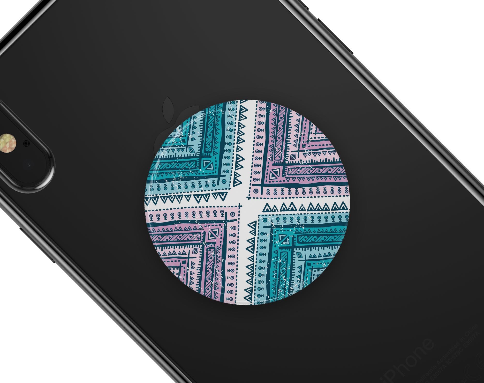 Ethnic Aztec Blue and Pink Skin Kit for PopSockets, featuring vibrant colors and intricate designs on premium vinyl.