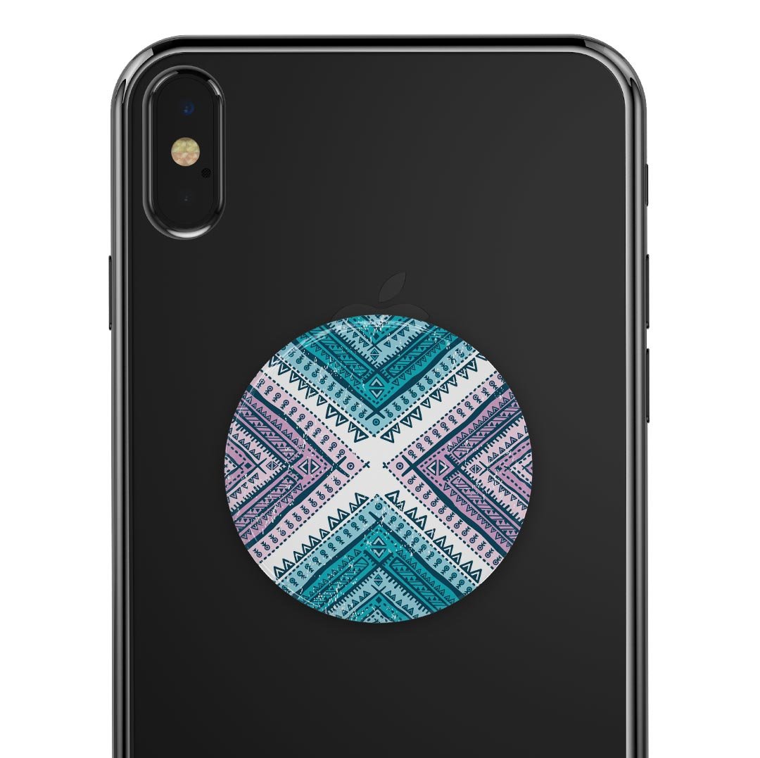 Ethnic Aztec Blue and Pink Skin Kit for PopSockets, featuring vibrant colors and intricate designs on premium vinyl.