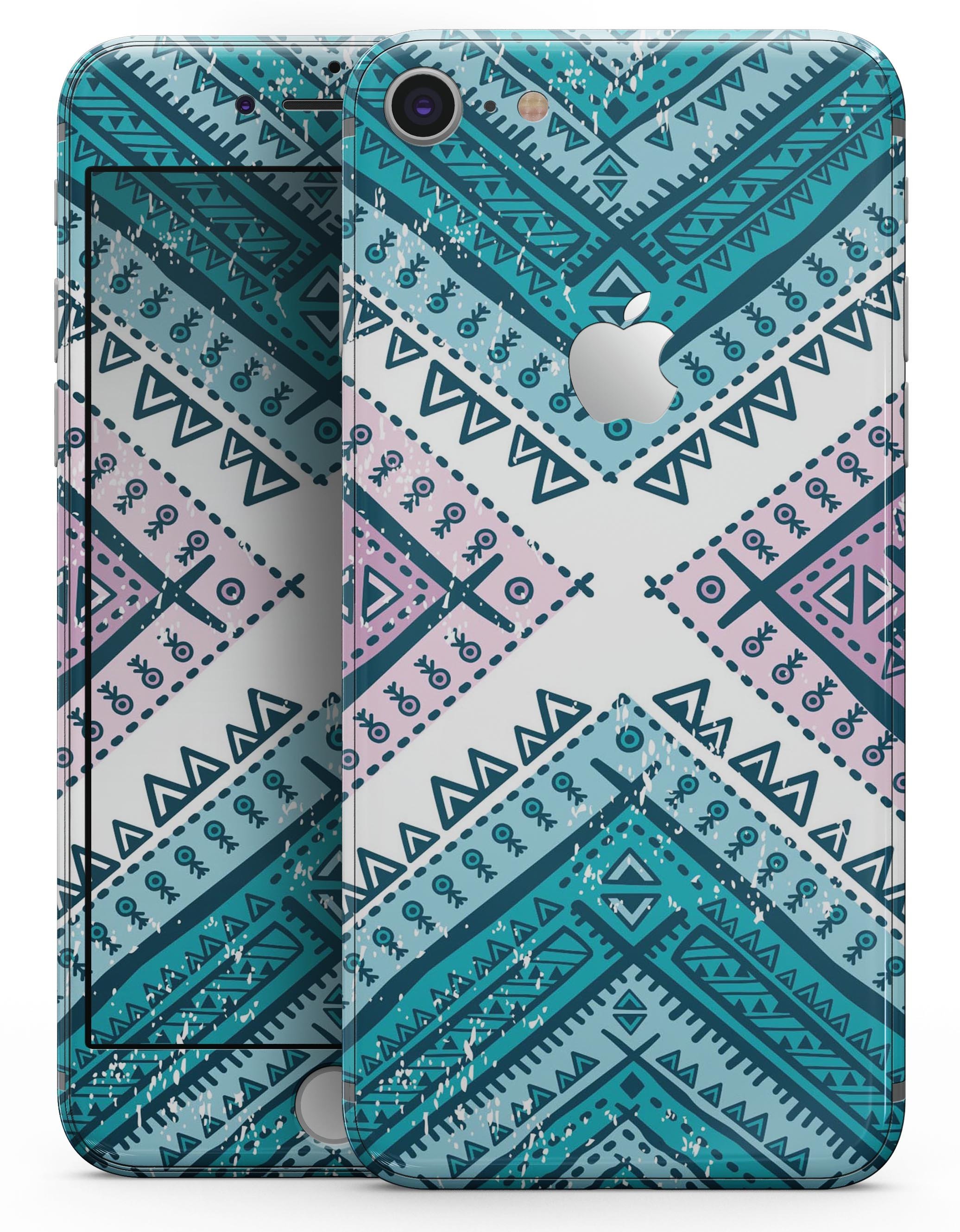 Ethnic Aztec Blue and Pink Skin-kit for iPhone 8 and 8 Plus, showcasing vibrant colors and intricate patterns.