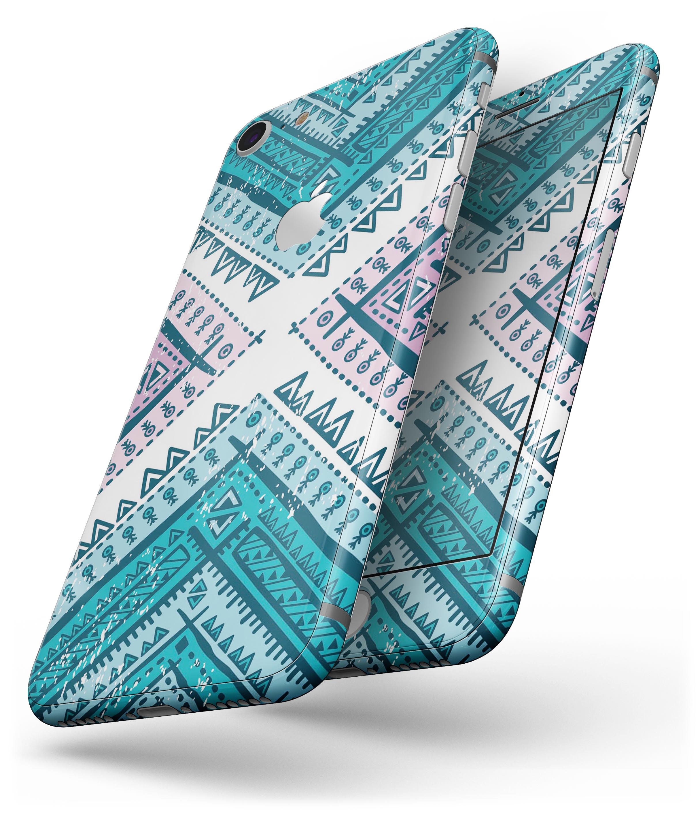 Ethnic Aztec Blue and Pink Skin-kit for iPhone 8 and 8 Plus, showcasing vibrant colors and intricate patterns.