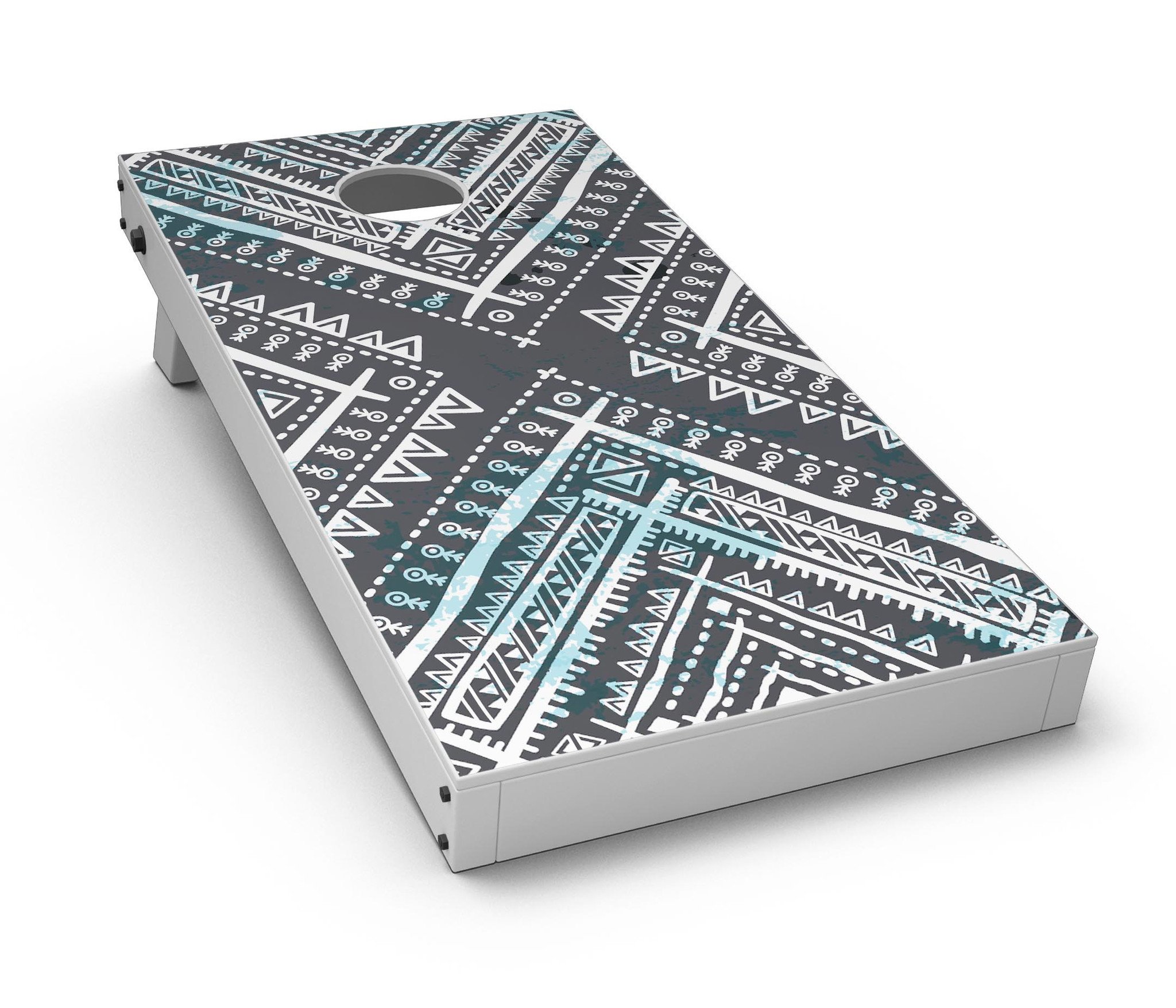 Ethnic Aztec Navy Point CornHole Board Skin Decal Kit showcasing vibrant patterns and colors for board customization.
