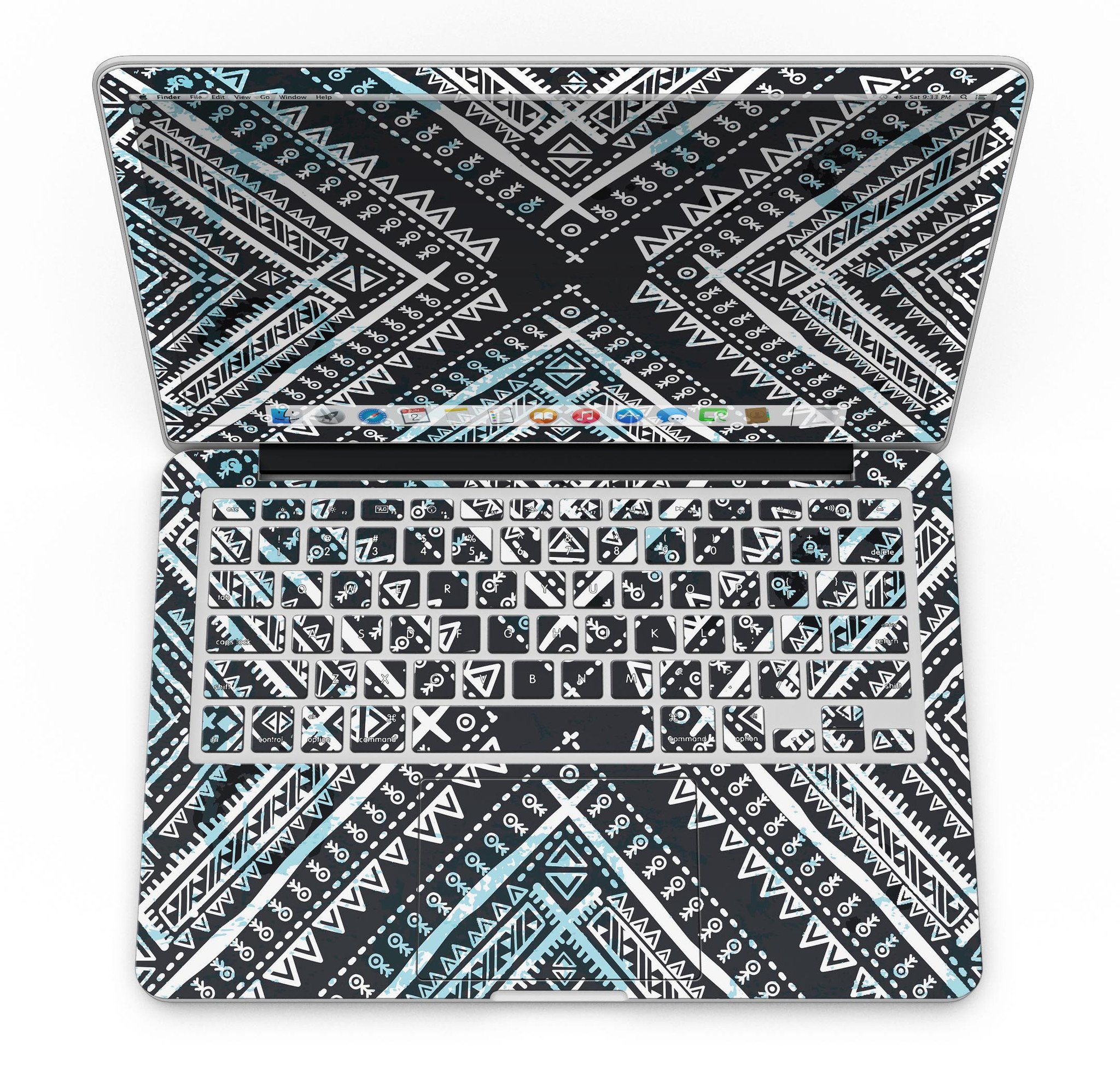 Ethnic Aztec Navy Point skin for MacBook Pro with Retina Display, showcasing vibrant colors and intricate patterns.
