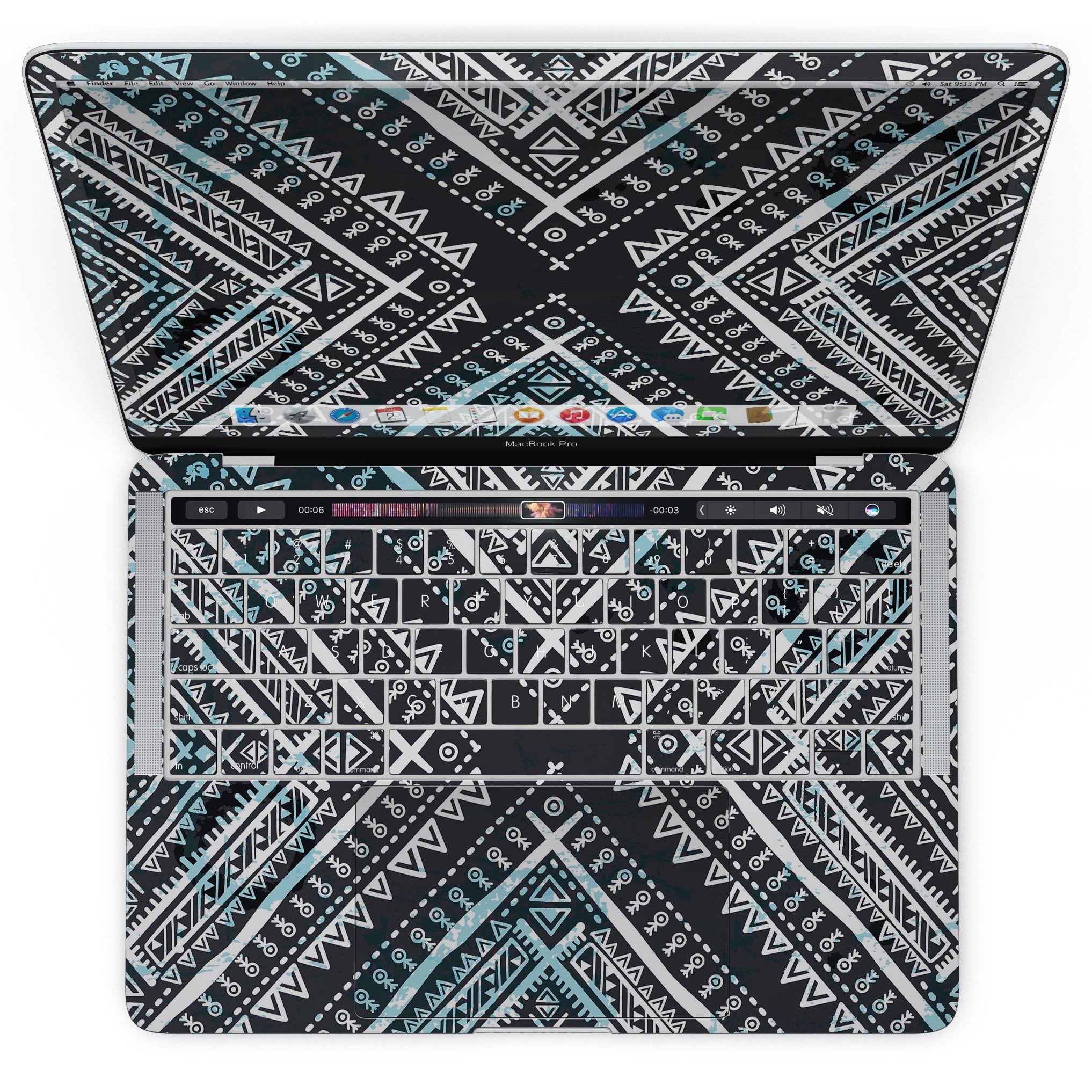 Ethnic Aztec Navy Point skin kit for MacBook Pro with Touch Bar, showcasing vibrant colors and intricate patterns.