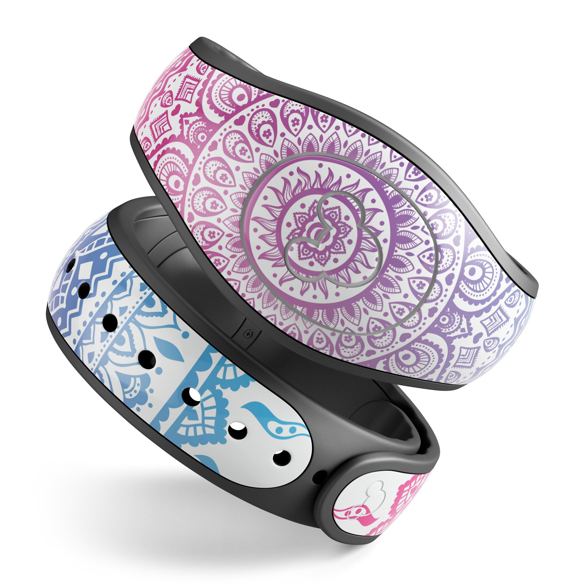 Ethnic Indian Tie-Dye Circle decal skin wrap kit for Disney Magic Band, showcasing vibrant colors and intricate tie-dye patterns.