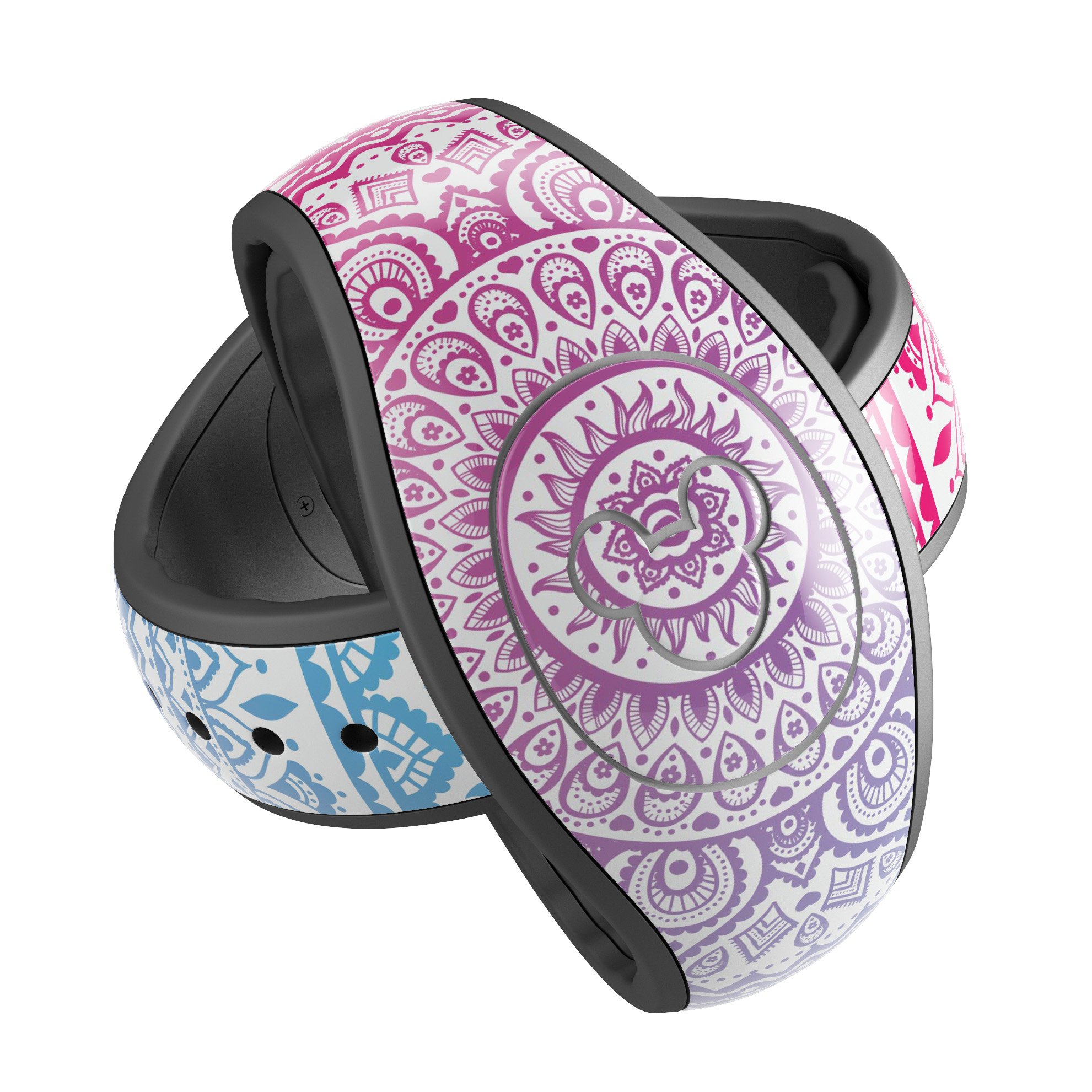 Ethnic Indian Tie-Dye Circle decal skin wrap kit for Disney Magic Band, showcasing vibrant colors and intricate tie-dye patterns.