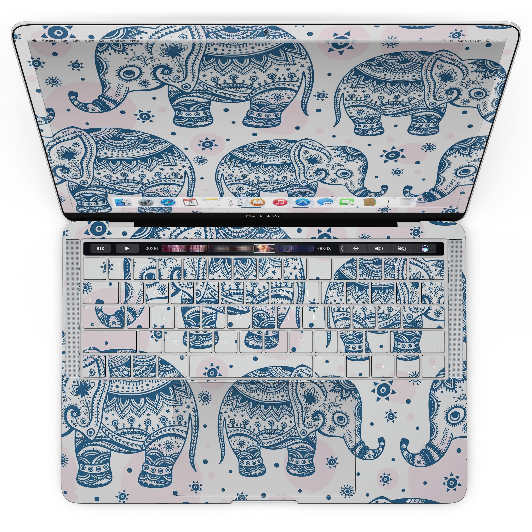 Ethnic Navy Seamless Aztec Elephant skin for MacBook Pro, showcasing intricate design and vibrant colors.
