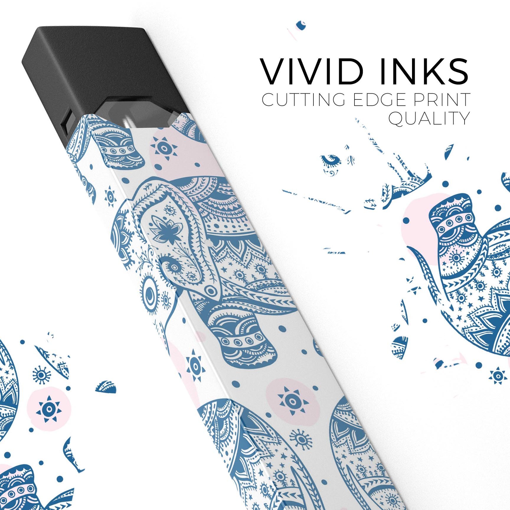 Ethnic Navy Seamless Aztec Elephant decal skin for JUUL vaping device, showcasing intricate design and premium quality.