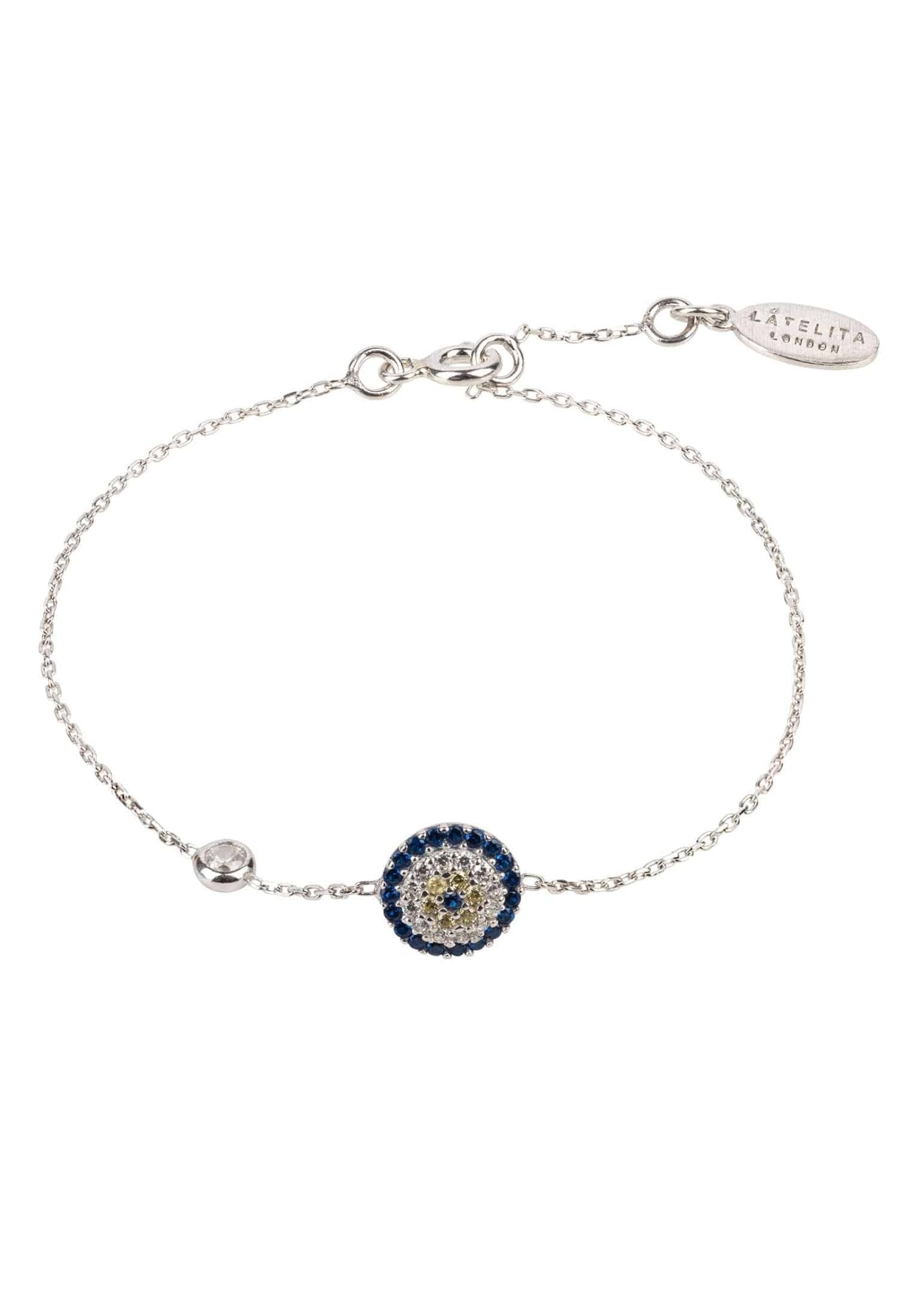 Elegant silver Evil Eye bracelet adorned with blue and white zircons, featuring a lobster clasp and adjustable length.
