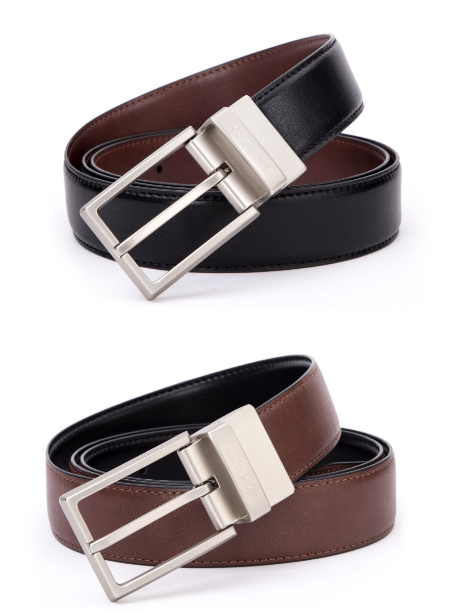 EZRA Reversible Belt in classic black and brown vegan leather with antique silver buckle.