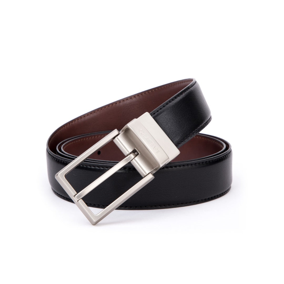 EZRA Reversible Belt in classic black and brown vegan leather with antique silver buckle.