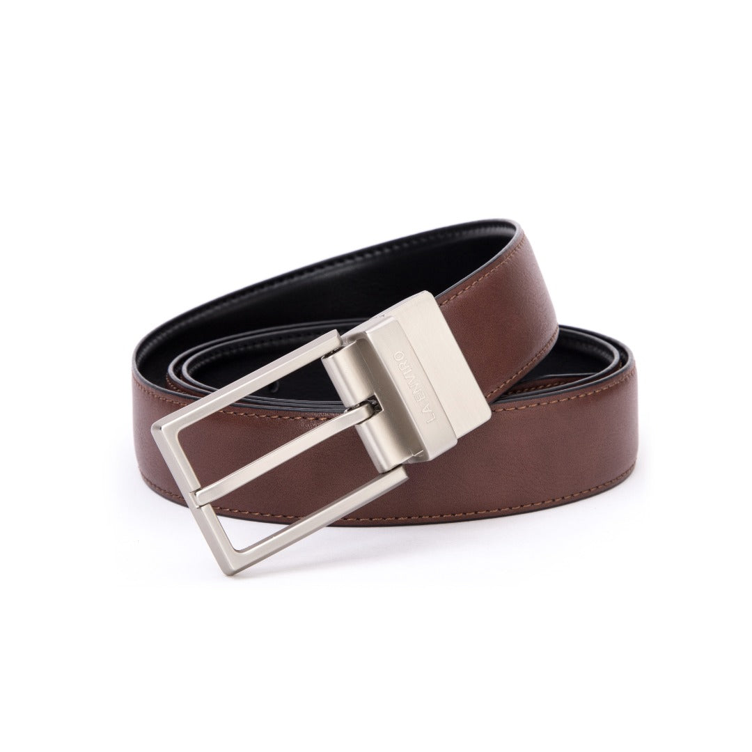 EZRA Reversible Belt in classic black and brown vegan leather with antique silver buckle.