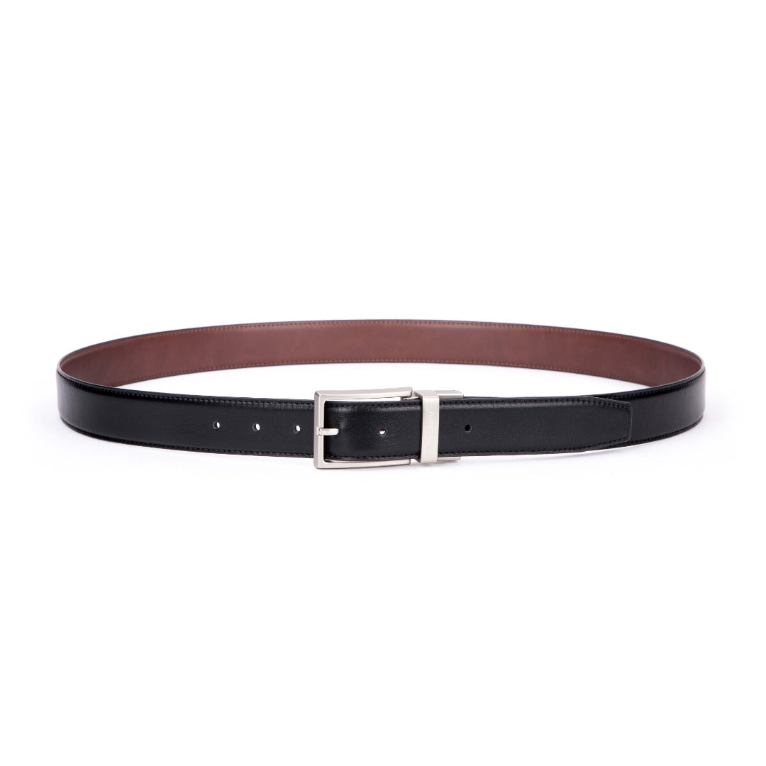 EZRA Reversible Belt in classic black and brown vegan leather with antique silver buckle.