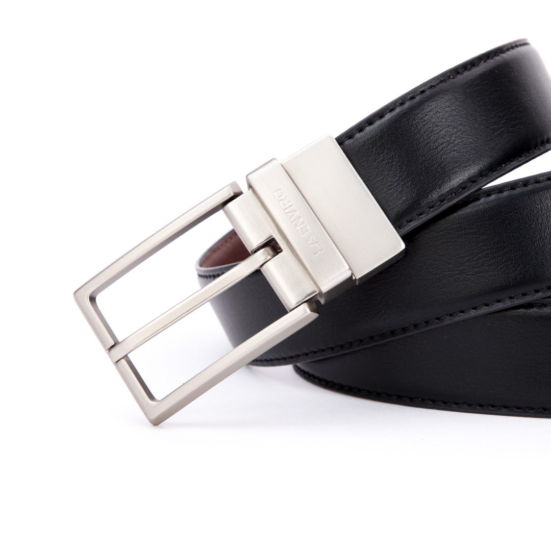 EZRA Reversible Belt in classic black and brown vegan leather with antique silver buckle.