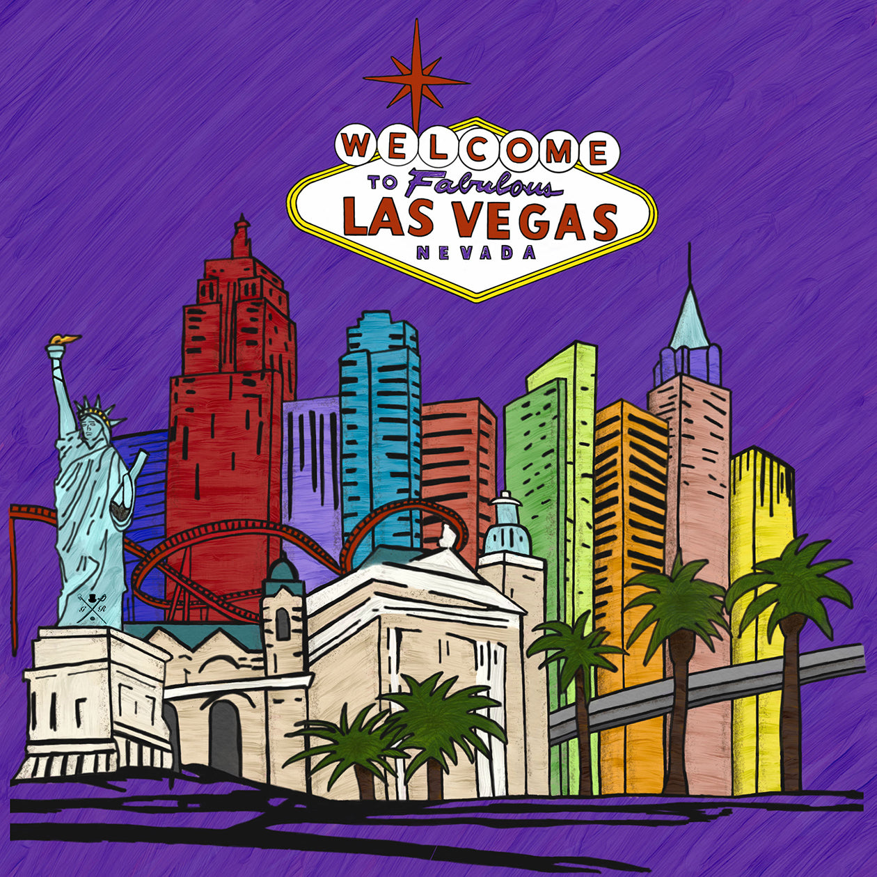 Fabulous Las Vegas Purple Pocket Square featuring a hand sketched design of the New York New York hotel in vibrant colors.