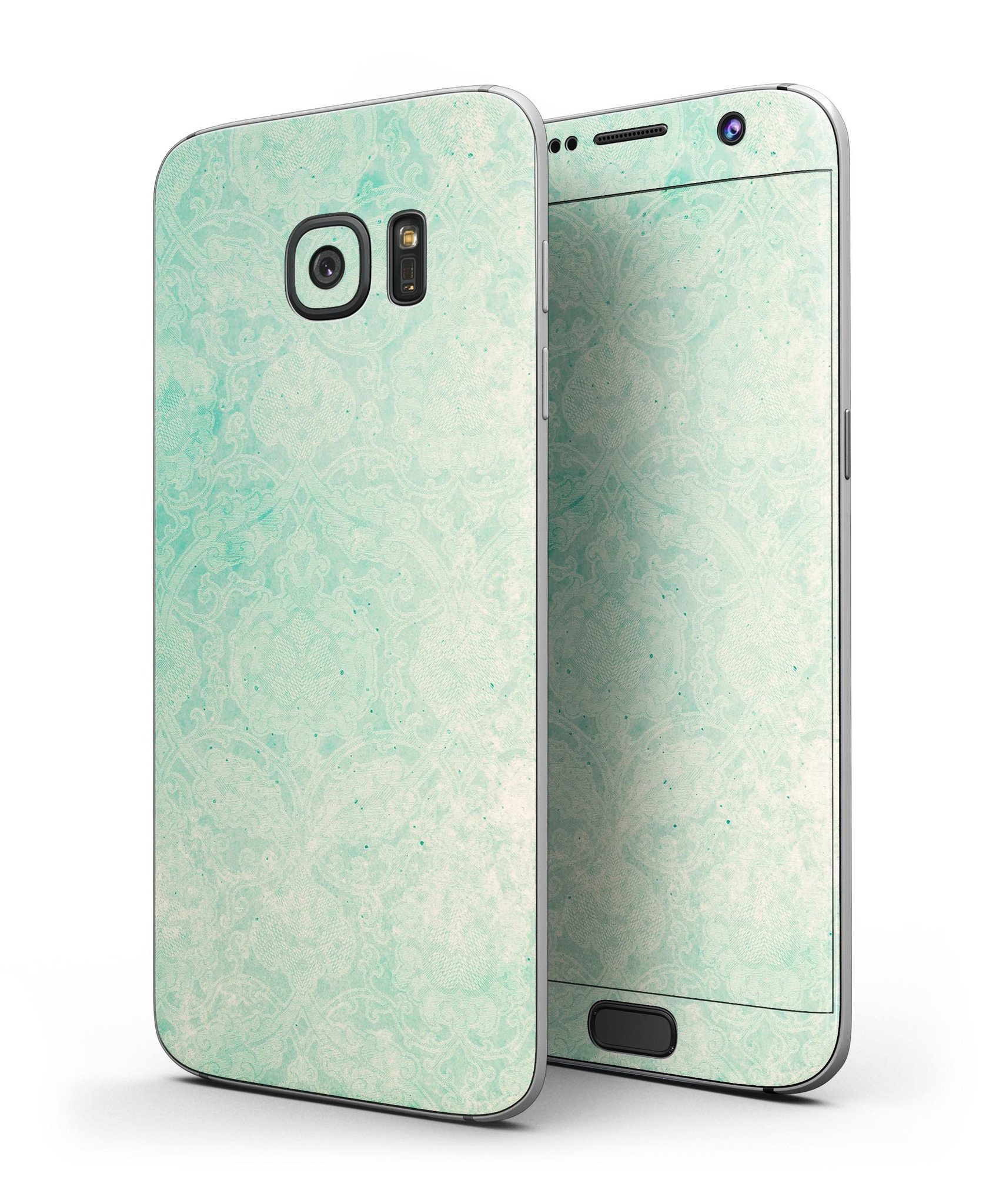 Faded Aqua Rococo Pattern skin kit for Samsung Galaxy S7 and S7 Edge, showcasing vibrant colors and premium vinyl material.