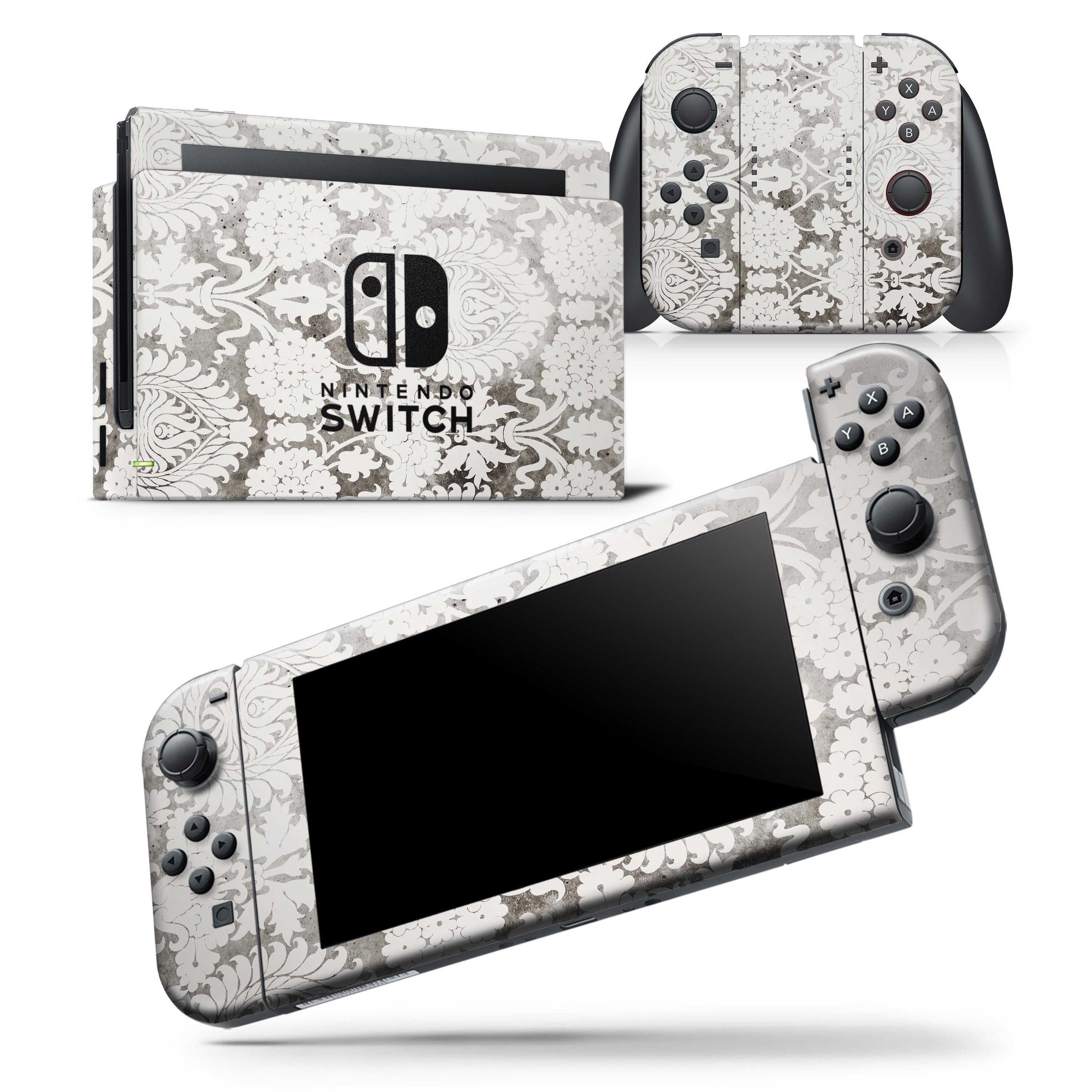 Faded black and white cauliflower damask pattern skin wrap decal for Nintendo Switch, showcasing a stylish design and premium quality.
